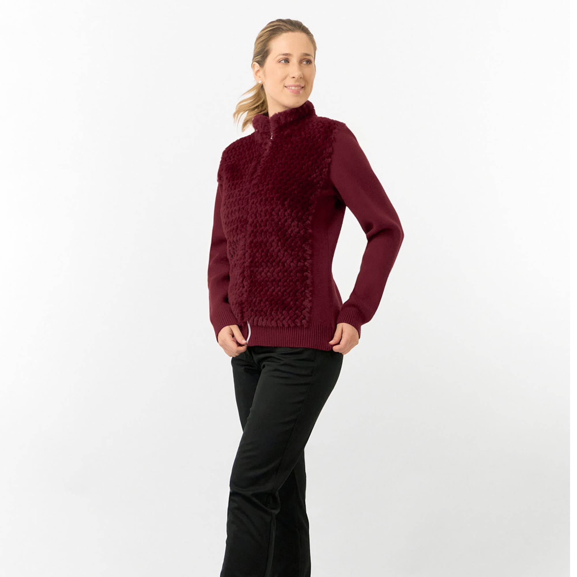 Pure Golf Ellisa Knitted Faux Fir Front Ladies Golf Mid Layer Merlot