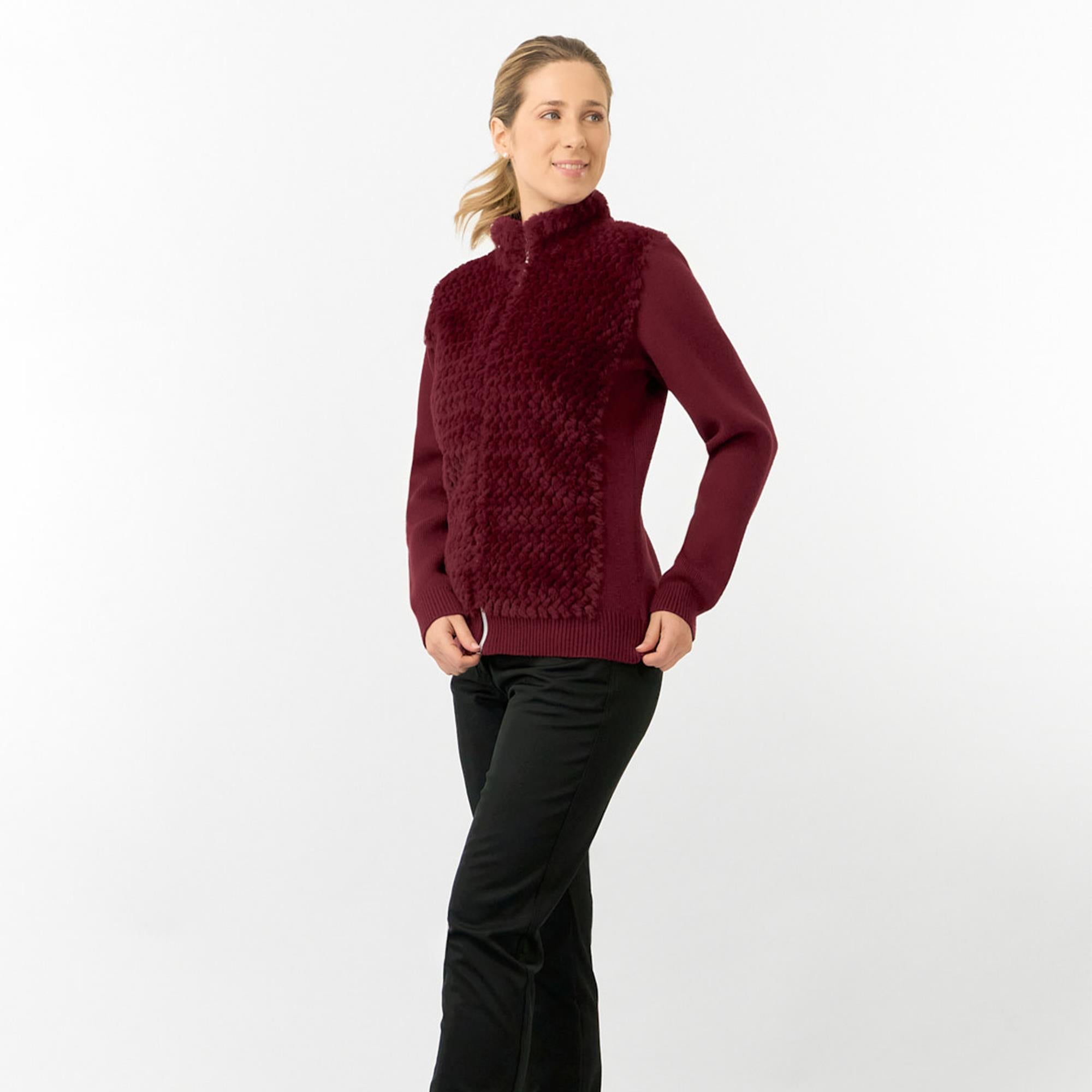 Pure Golf Ellisa Knitted Faux Fir Front Ladies Golf Mid Layer Merlot