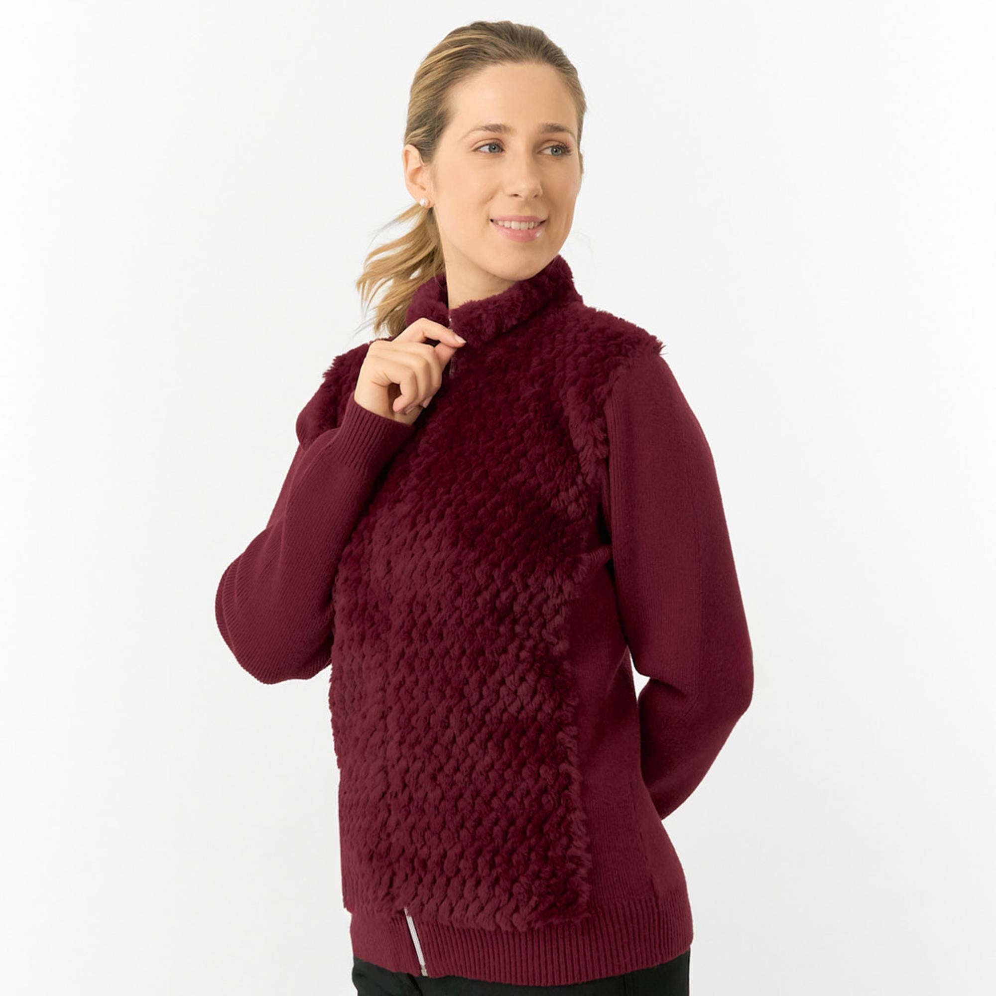 Pure Golf Ellisa Knitted Faux Fir Front Ladies Golf Mid Layer Merlot