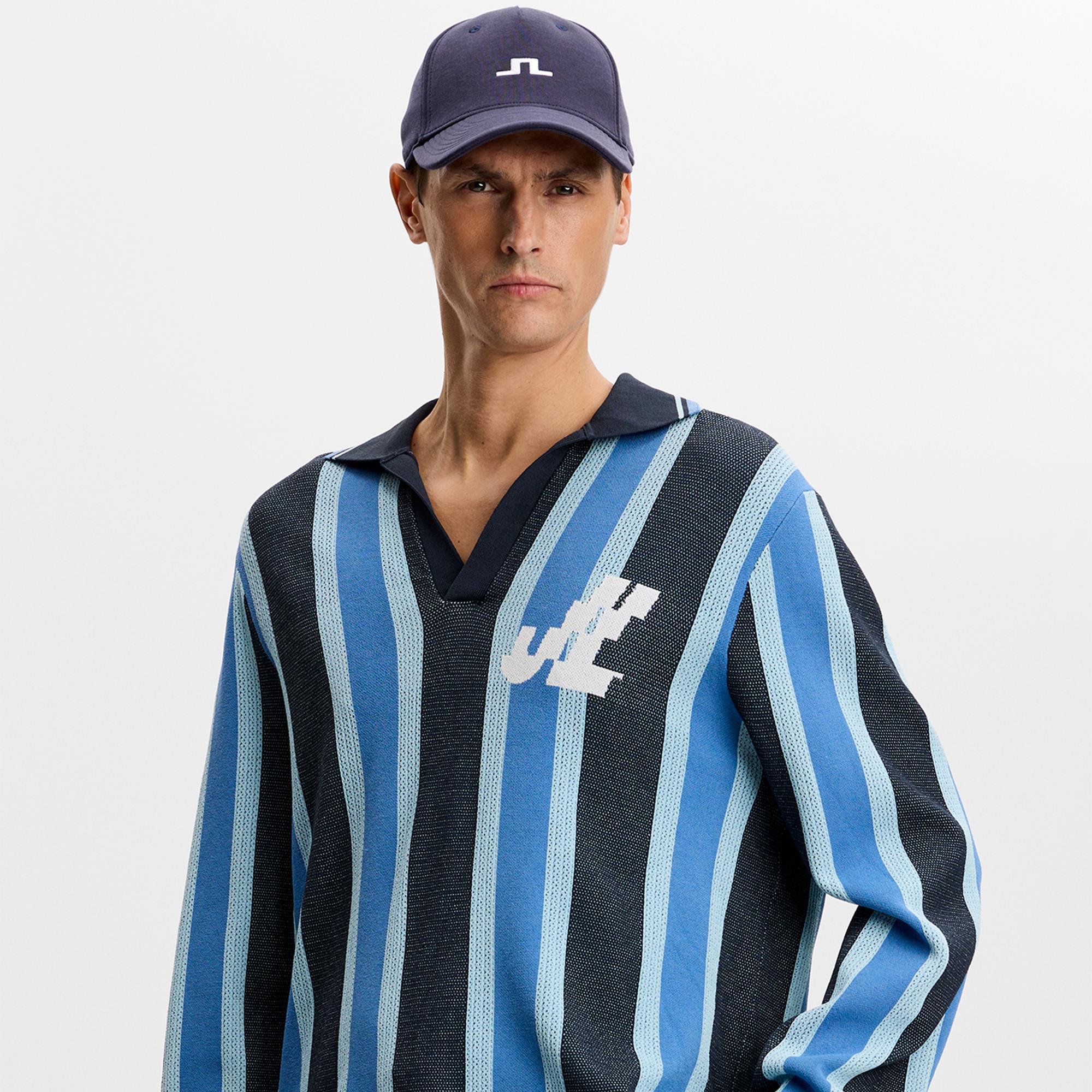 J Lindeberg Silas Stripe Knit Mens Polo Shirt Navy