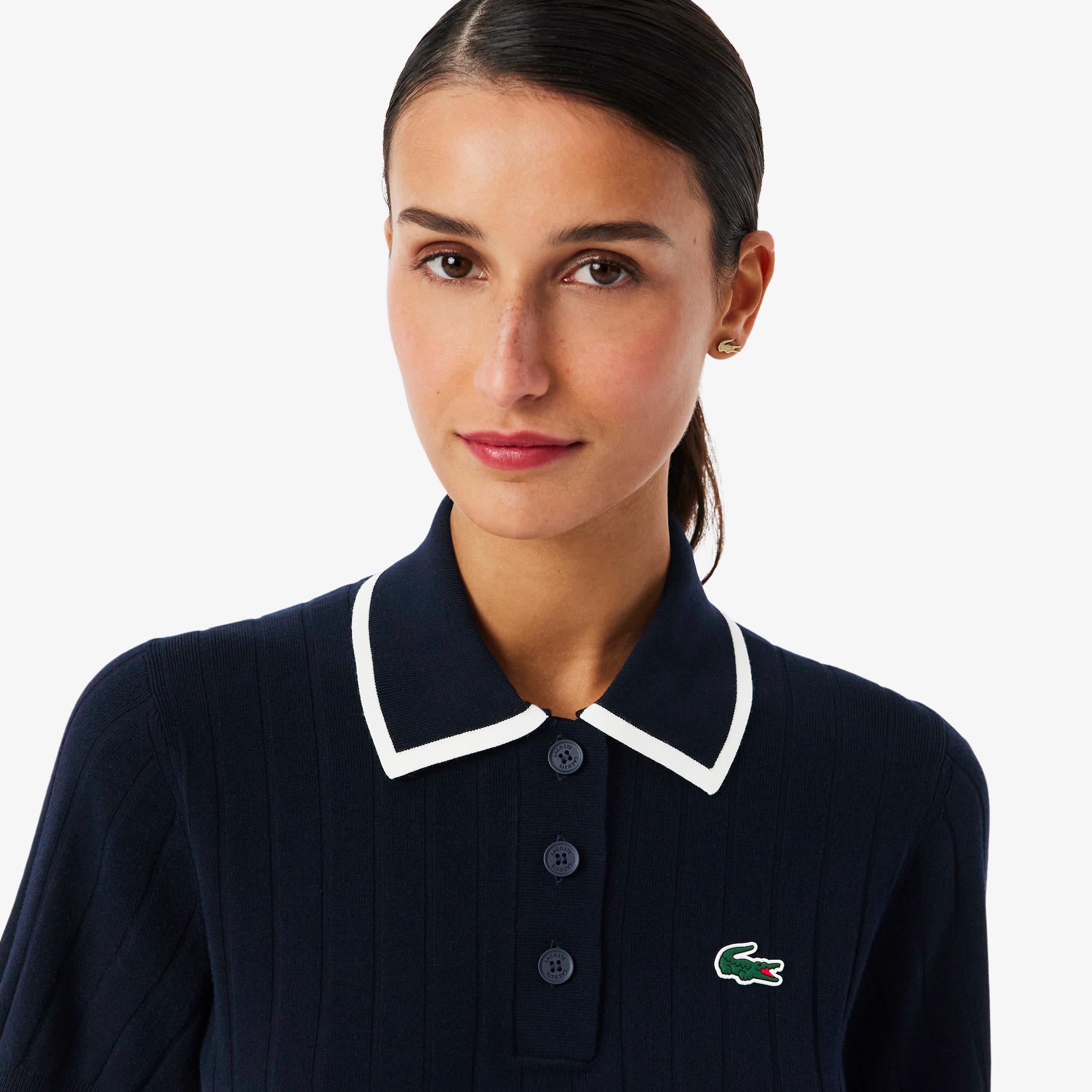 Ladies Lacoste Knitted Polo Sweater Navy