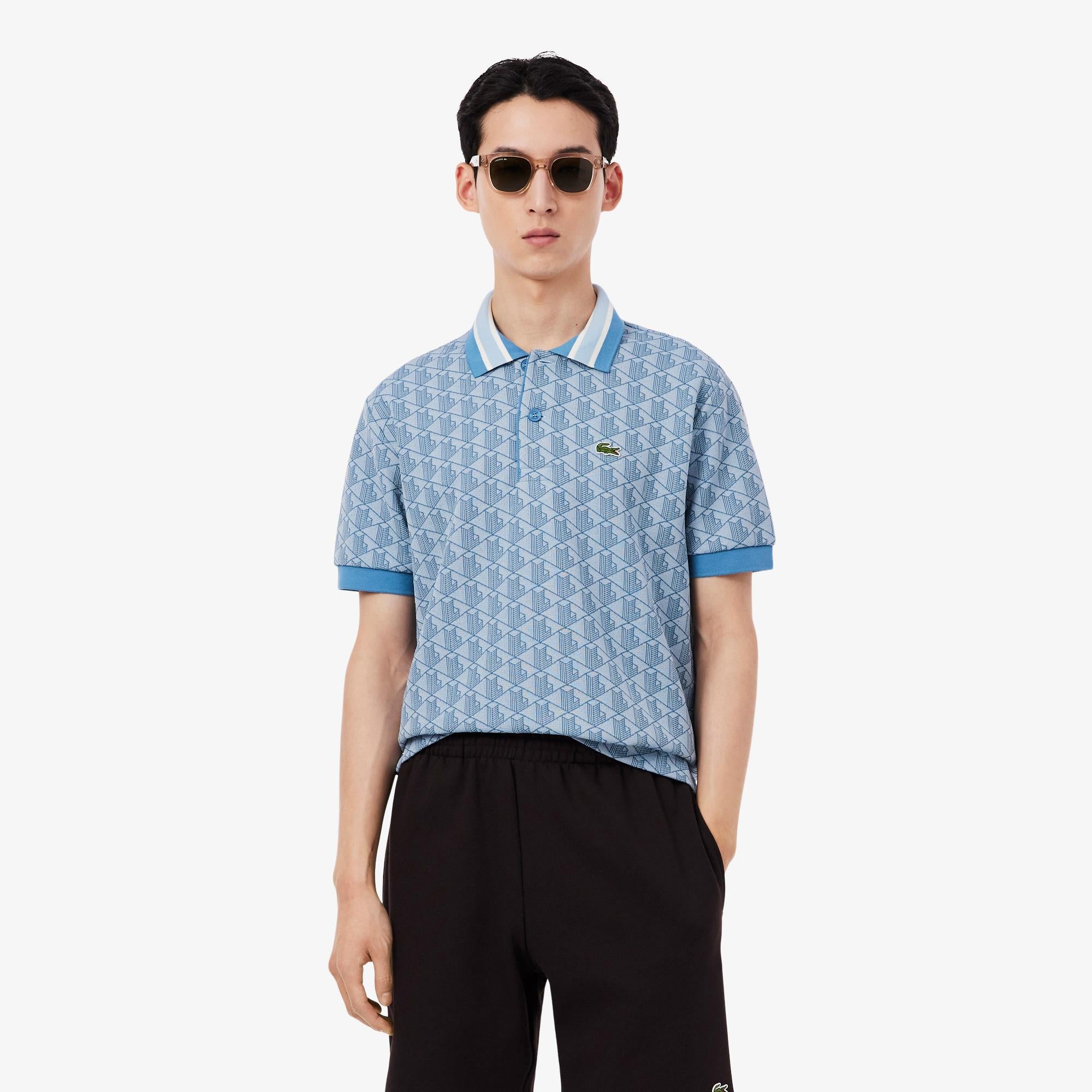 Mens Lacoste Monogram Motif Polo Shirt Phoenix Blue/Abyss Blue