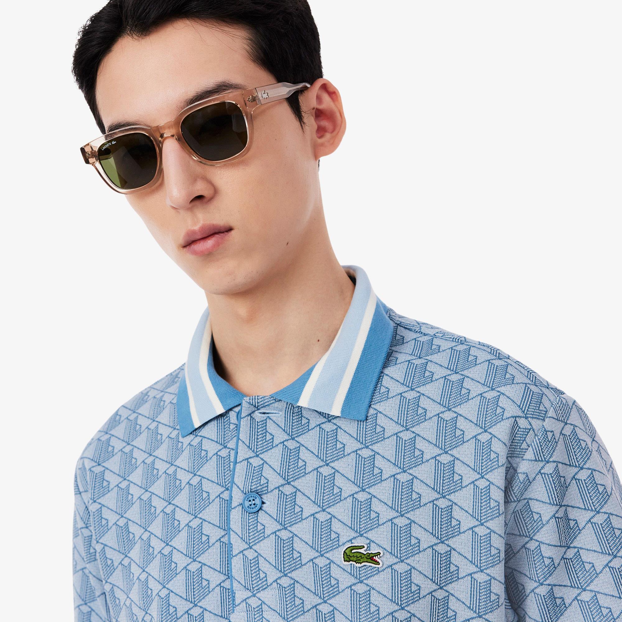 Mens Lacoste Monogram Motif Polo Shirt Phoenix Blue/Abyss Blue
