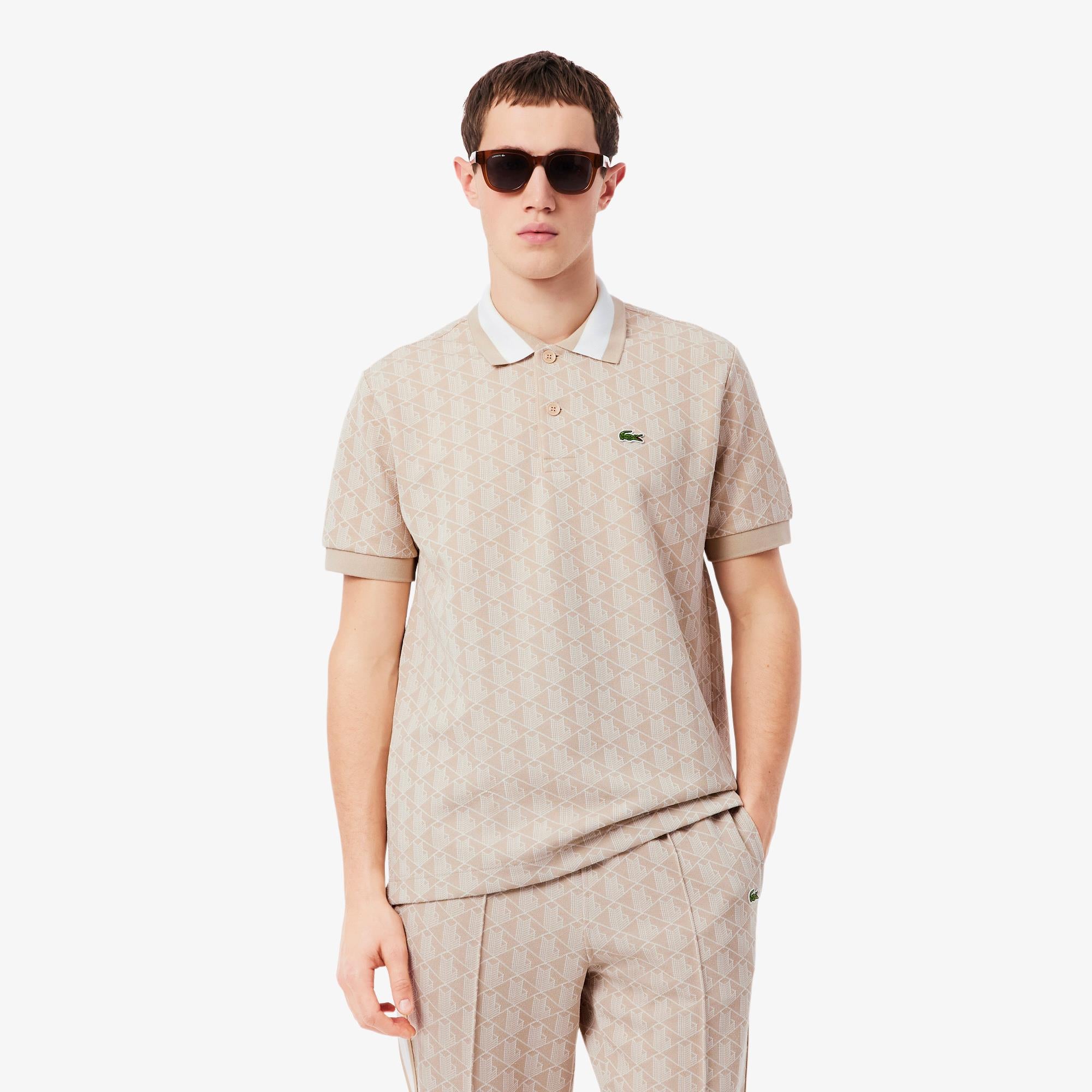 Mens Lacoste Monogram Motif Polo Shirt Lionne/Flour