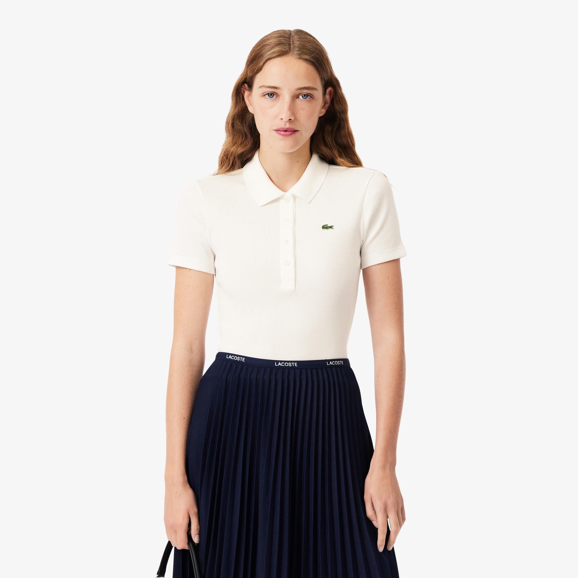 Ladies Lacoste L.12.D Slim Fit Ribbed Cotton Polo Shirt Flour