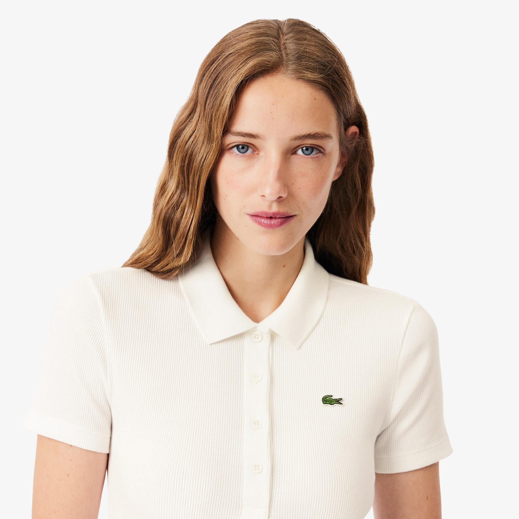 Ladies Lacoste L.12.D Slim Fit Ribbed Cotton Polo Shirt Flour