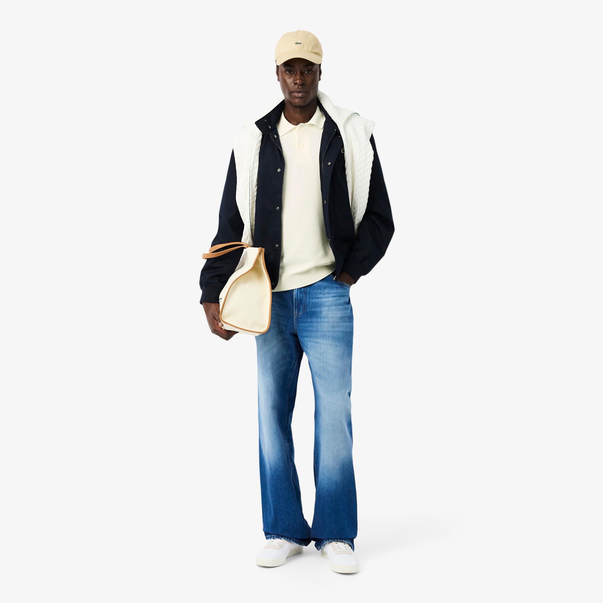 Mens Lacoste Fine Knit Moss Stitch Cotton Polo Shirt Flour