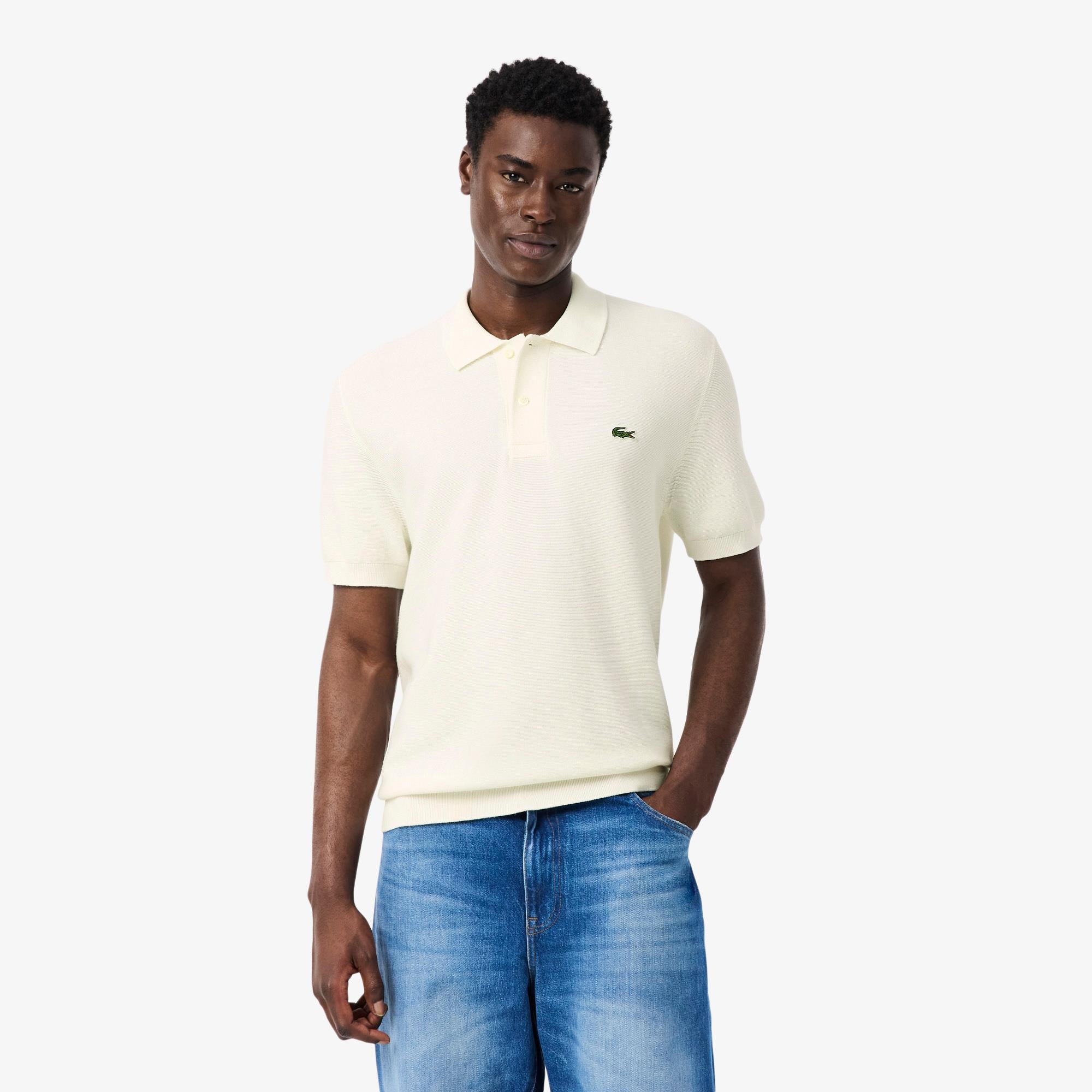 Mens Lacoste Fine Knit Moss Stitch Cotton Polo Shirt Flour
