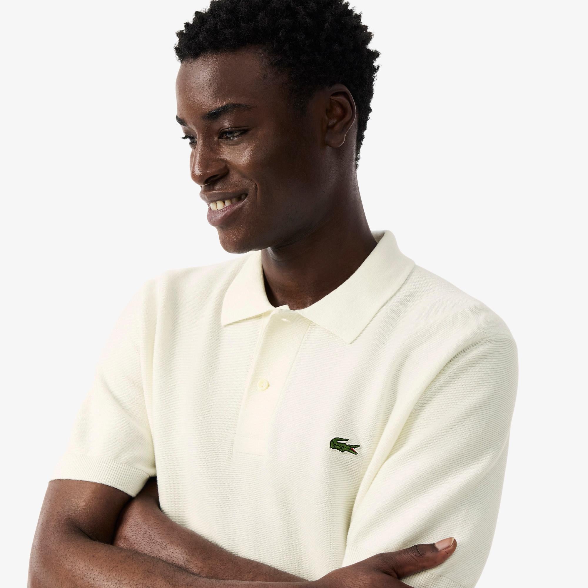 Mens Lacoste Fine Knit Moss Stitch Cotton Polo Shirt Flour
