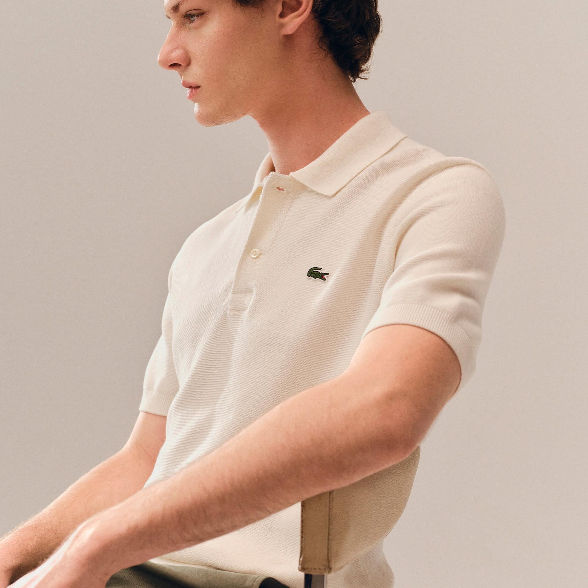Mens Lacoste Fine Knit Moss Stitch Cotton Polo Shirt Flour