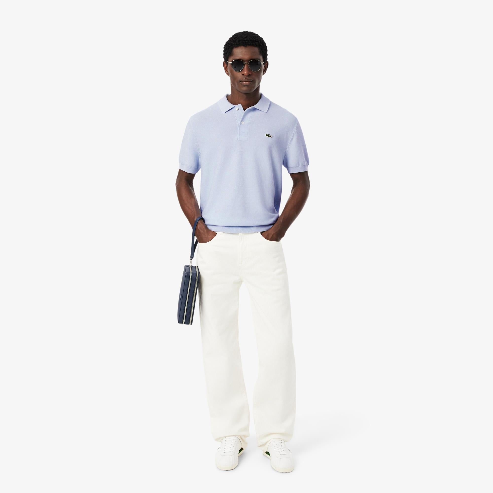 Mens Lacoste Fine Knit Moss Stitch Cotton Polo Shirt Phoenix Blue