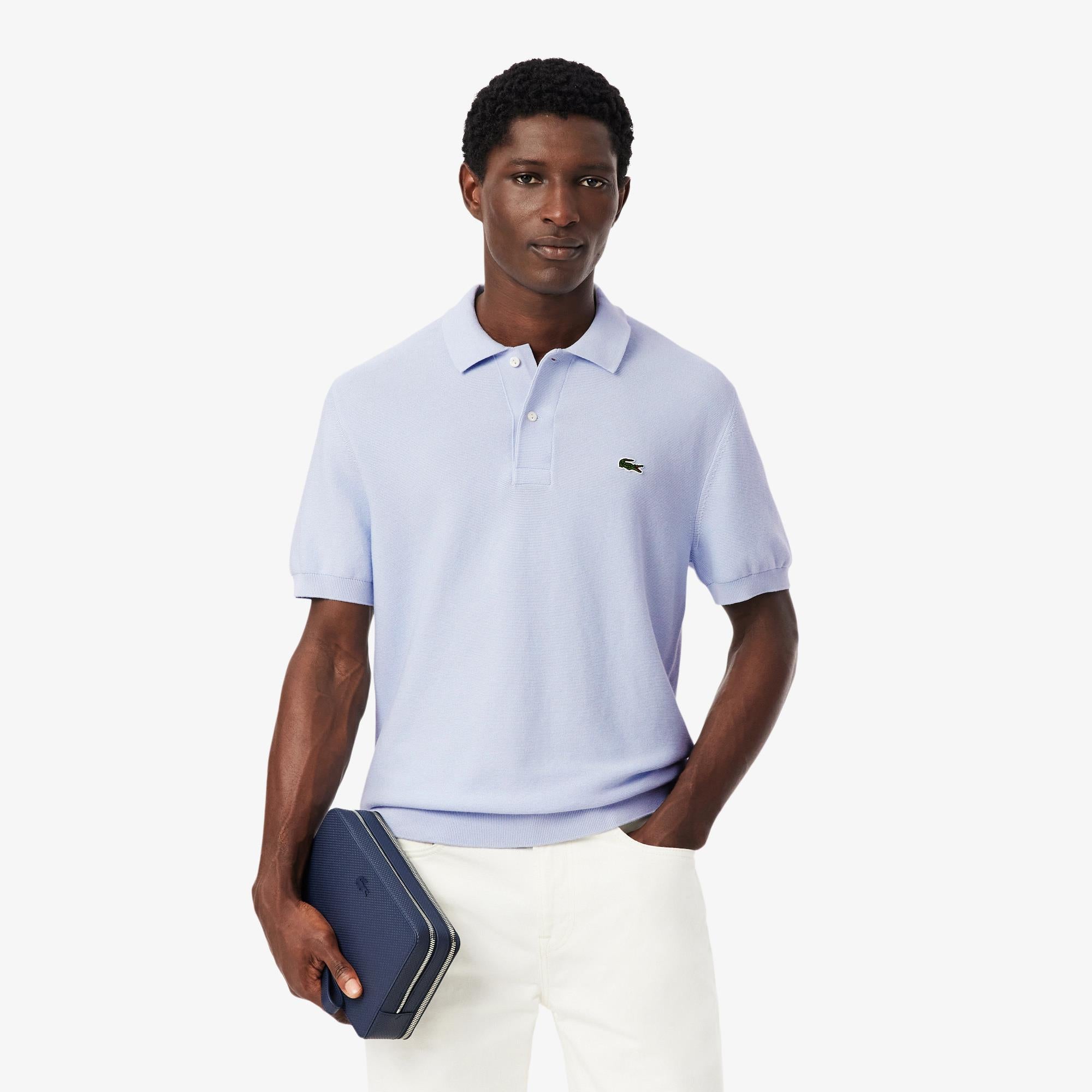 Mens Lacoste Fine Knit Moss Stitch Cotton Polo Shirt Phoenix Blue
