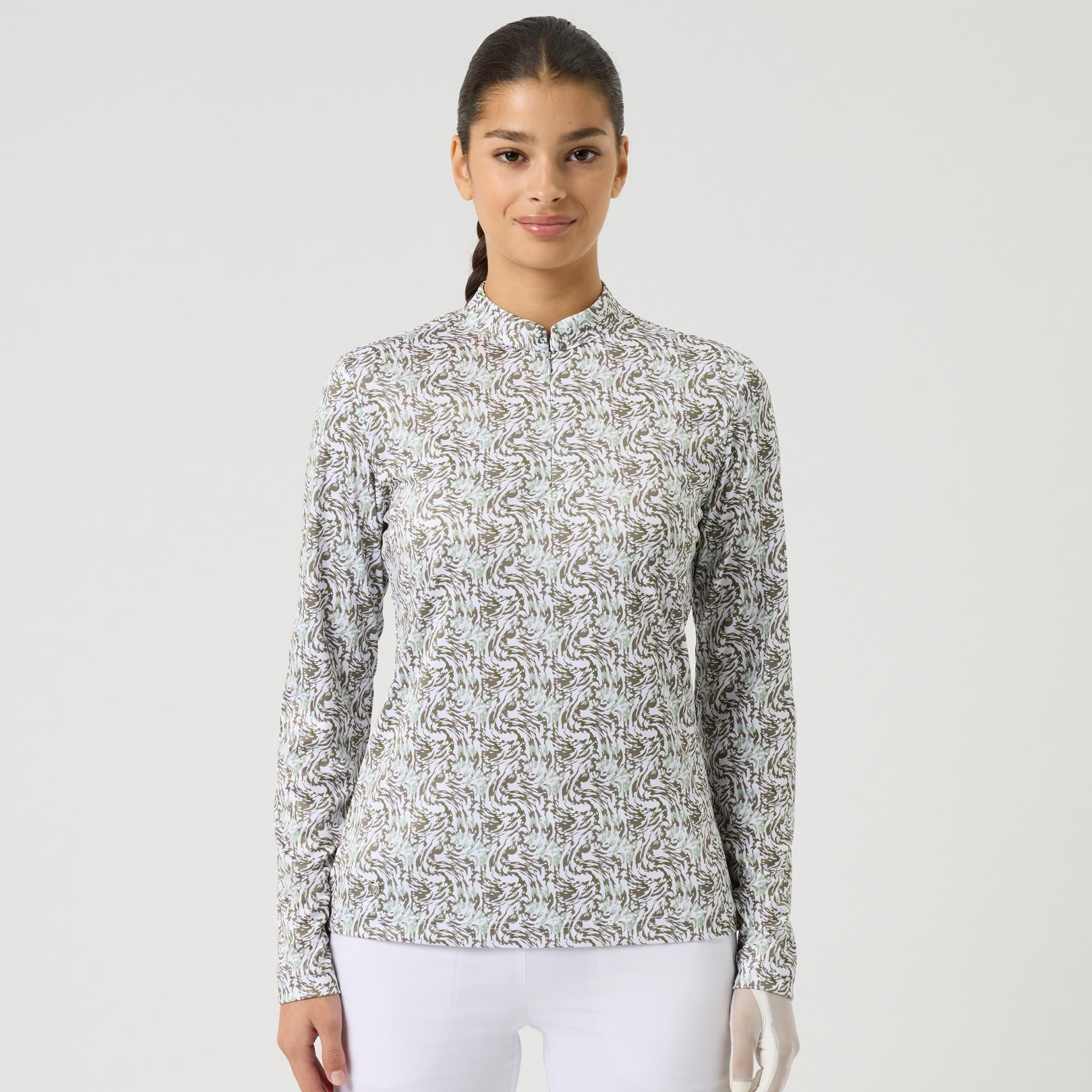 Daily Sports Dull Printed Long Sleeve Ladies Golf Polo Shirt Abstract Swirl