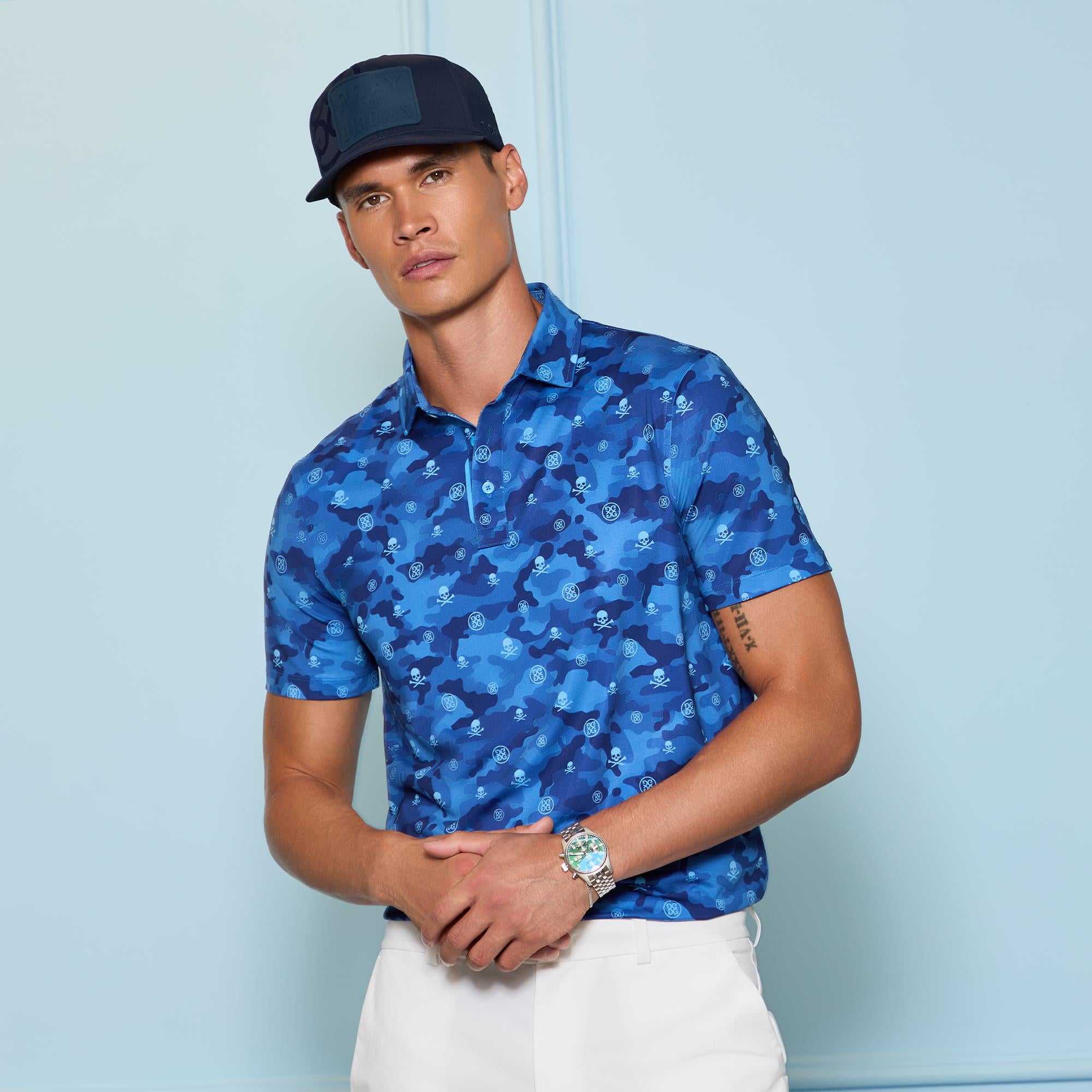 G/FORE Camo Skull & T's Icon Camo Tech Jersey Mens Golf Polo Shirt Azul