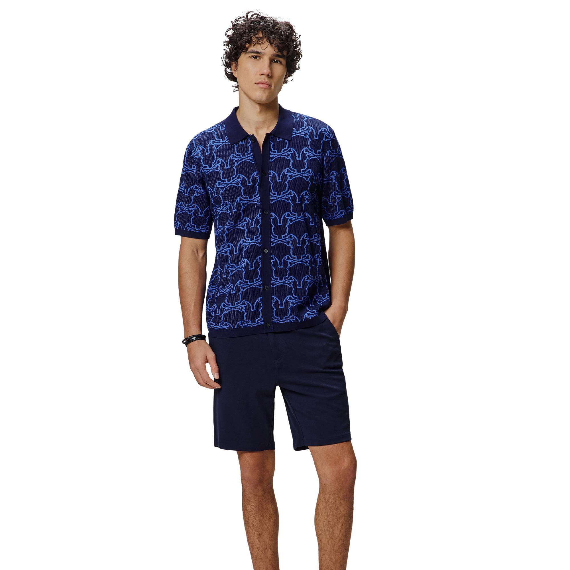 Psycho Bunny Kane Relaxed Fit All Over Bunny Knit Shirt Evening Blue
