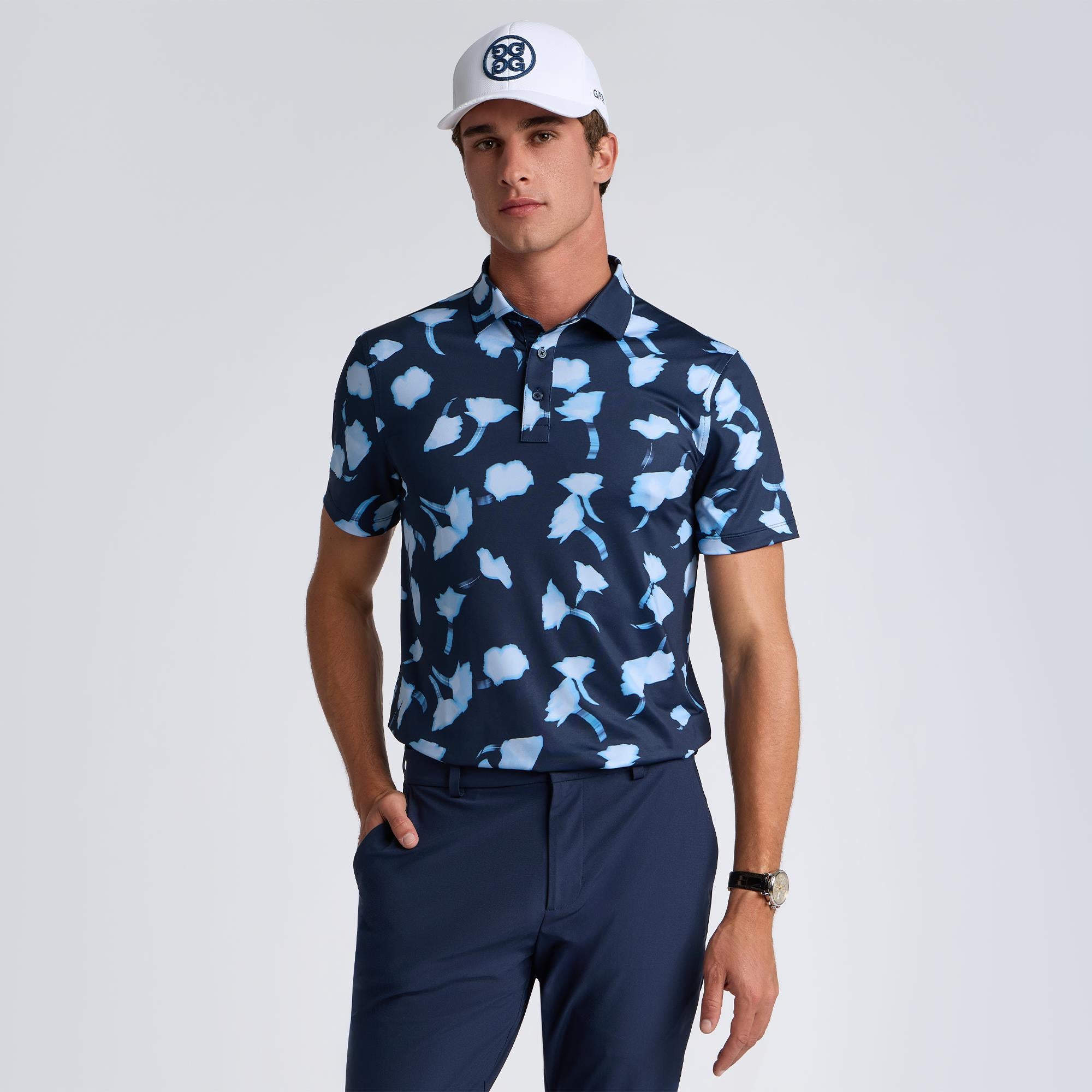 G/FORE Blurred Floral Printed Tech Jersey Mens Golf Polo Shirt Twilight/Baja