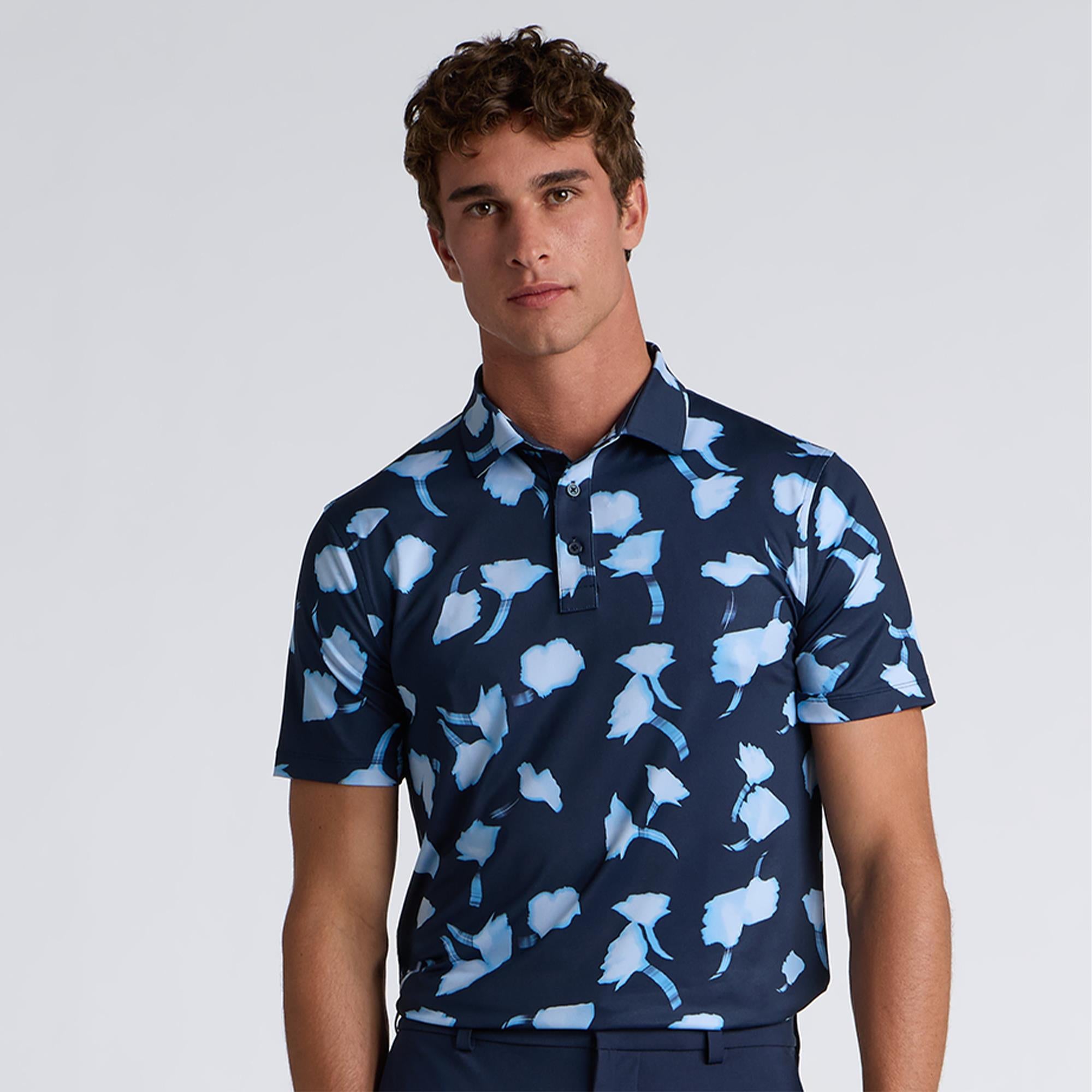 G/FORE Blurred Floral Printed Tech Jersey Mens Golf Polo Shirt Twilight/Baja