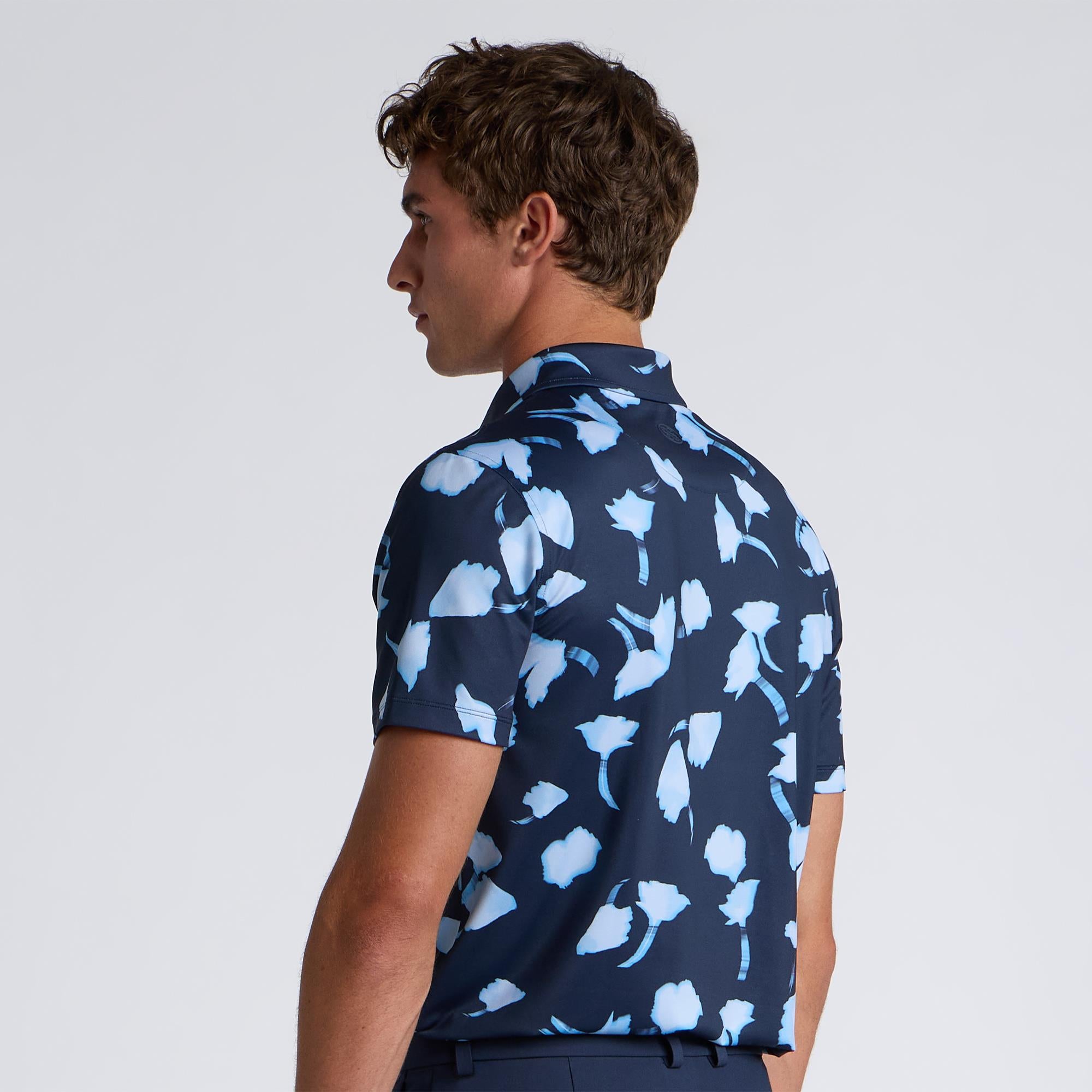 G/FORE Blurred Floral Printed Tech Jersey Mens Golf Polo Shirt Twilight/Baja