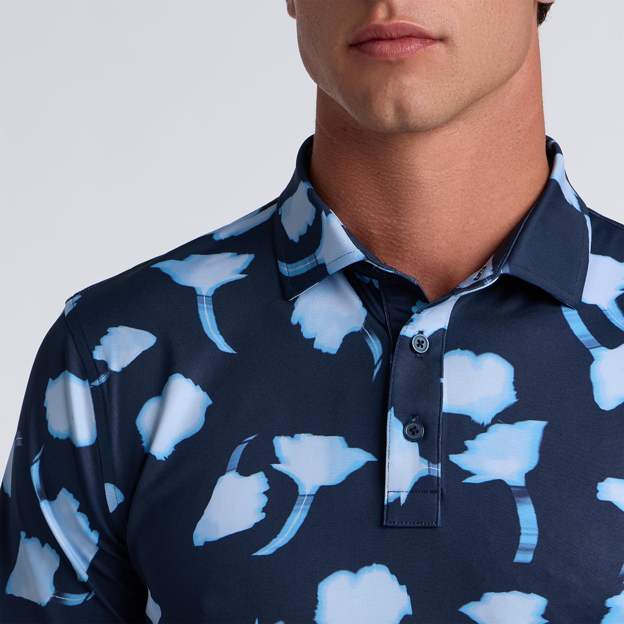 G/FORE Blurred Floral Printed Tech Jersey Mens Golf Polo Shirt Twilight/Baja