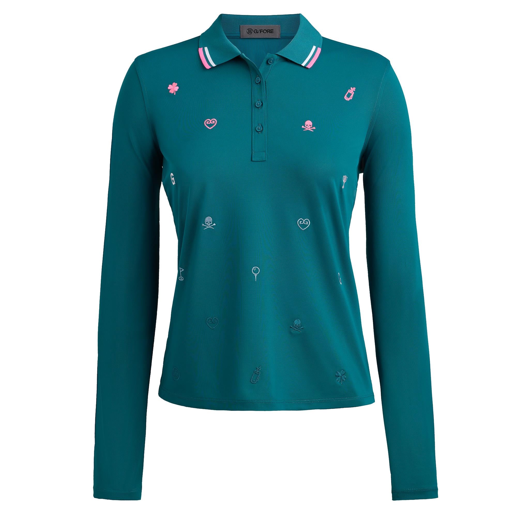G/FORE Icon Embroidered Tech Pique Ladies Long Sleeve Golf Polo Shirt Marine Teal