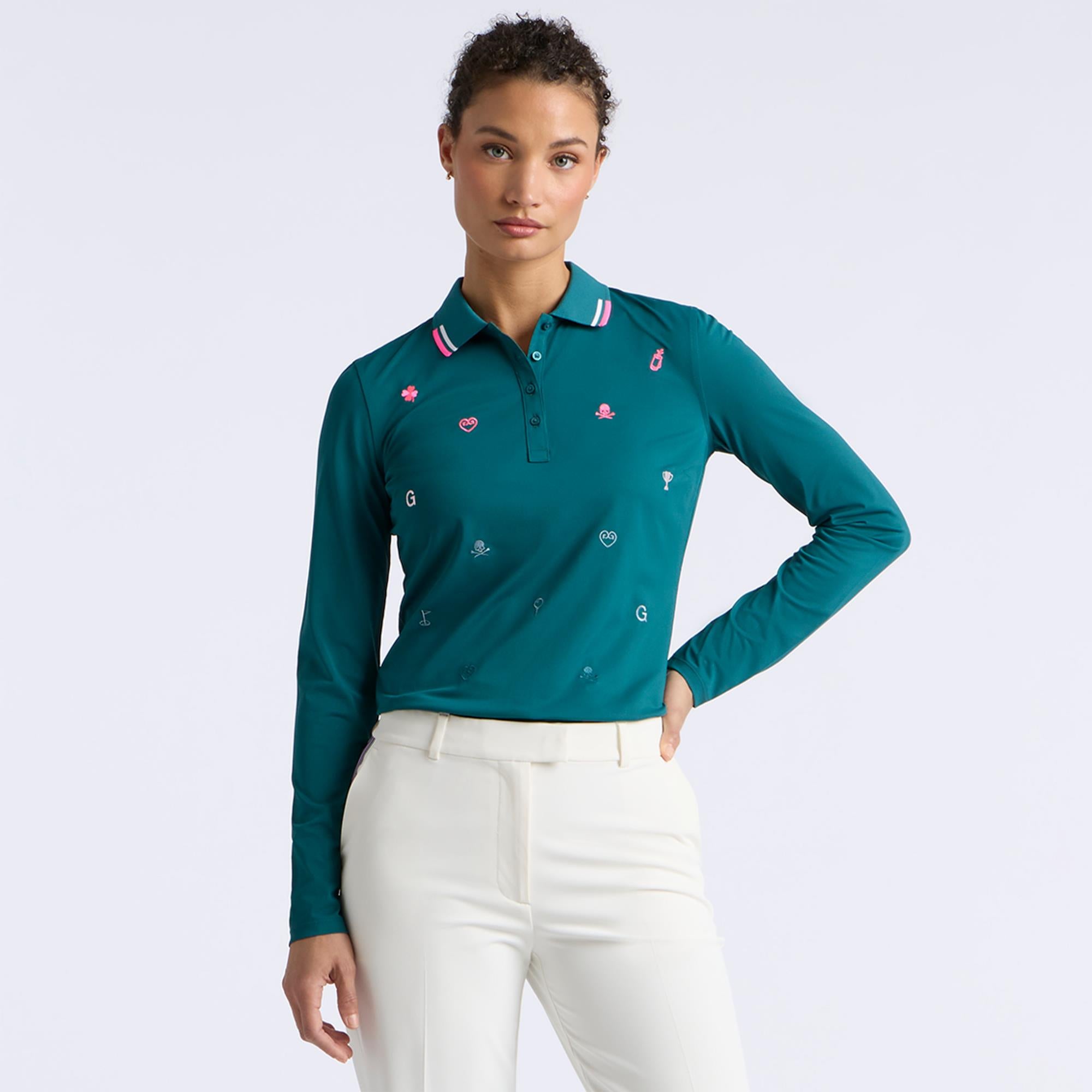 G/FORE Icon Embroidered Tech Pique Ladies Long Sleeve Golf Polo Shirt Marine Teal