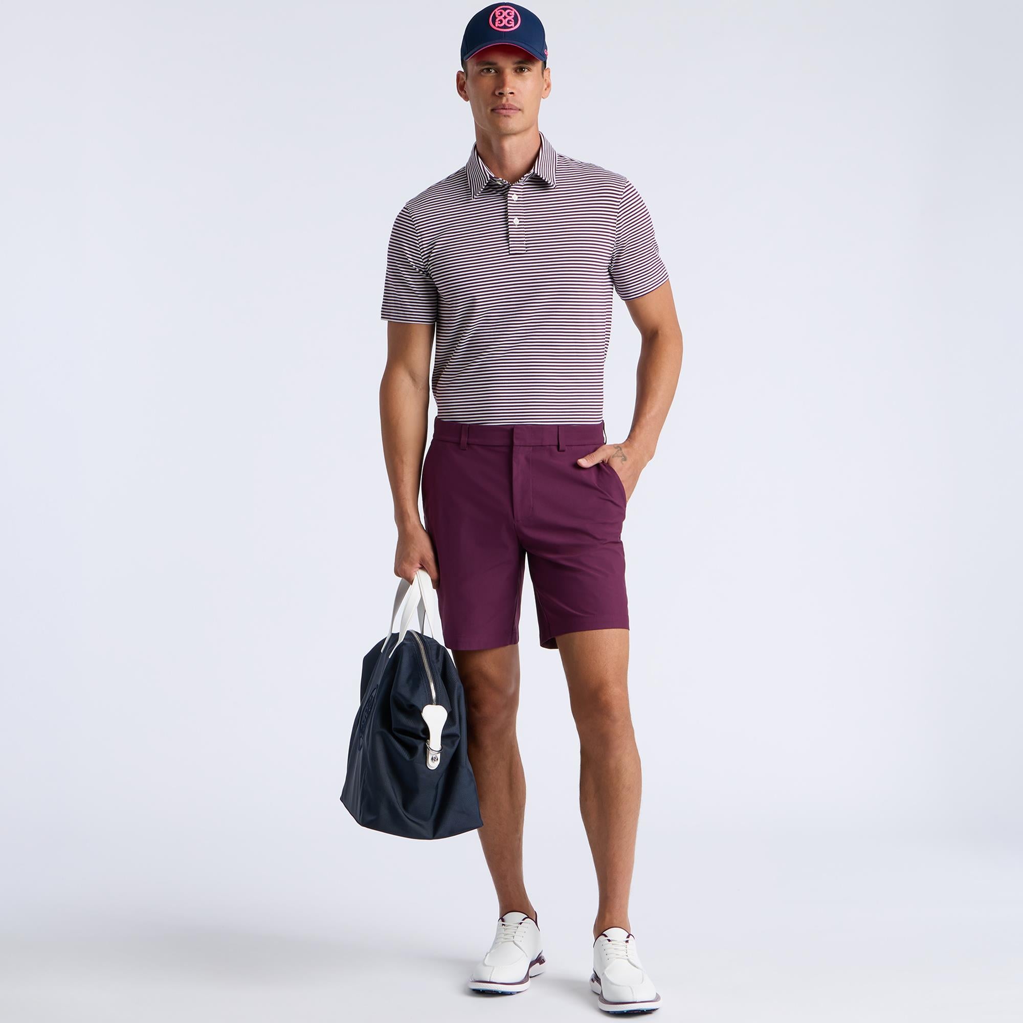 G/FORE All Play Stripe Stretch Knit Mens Golf Polo Shirt Dark Plum