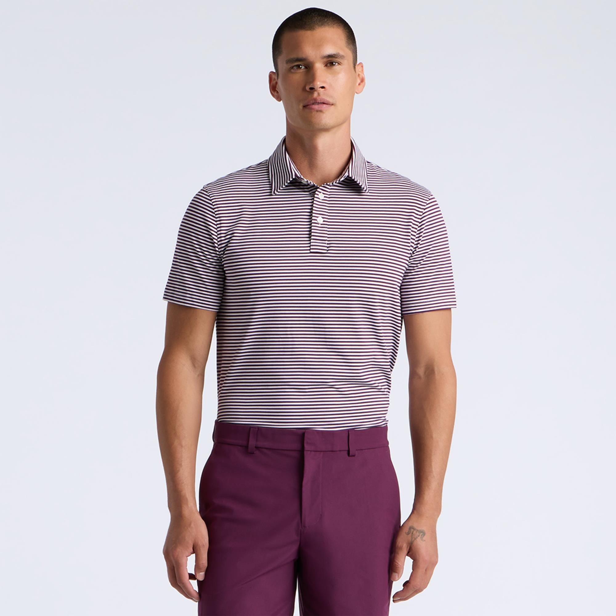 G/FORE All Play Stripe Stretch Knit Mens Golf Polo Shirt Dark Plum