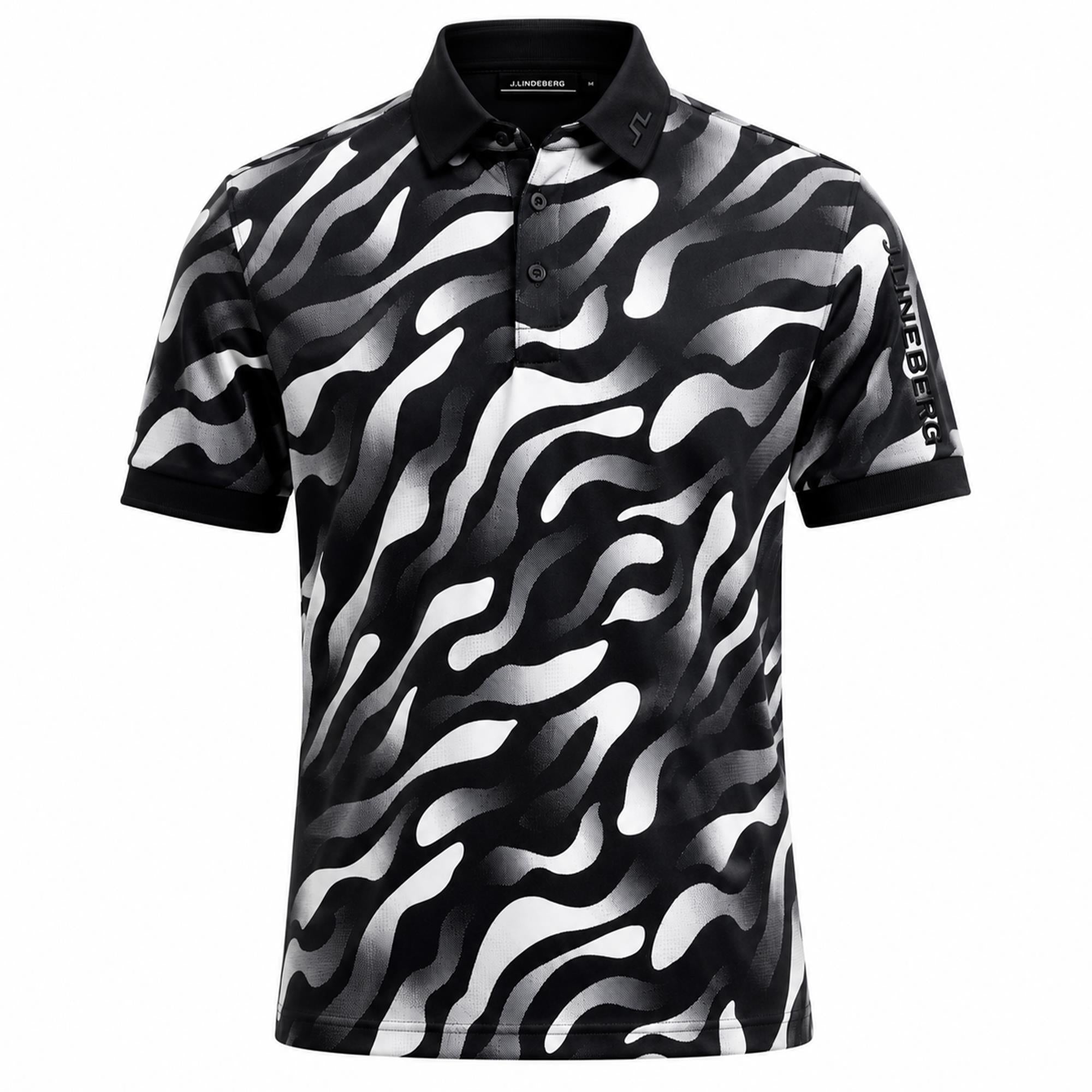 J Lindeberg Tour Tech Print Mens Golf Polo Shirt Bunker Fade Black Moonbeam