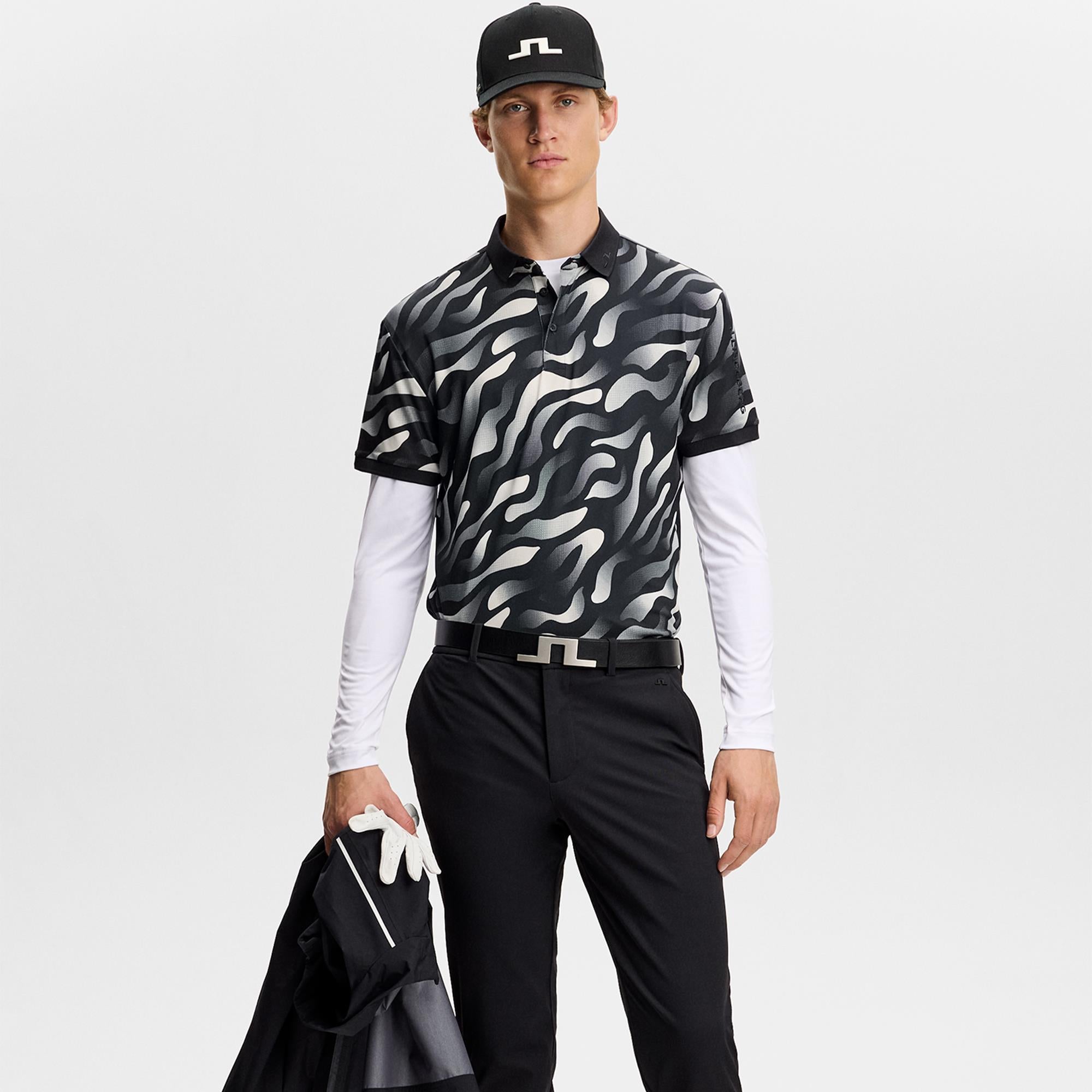 J Lindeberg Tour Tech Print Mens Golf Polo Shirt Bunker Fade Black Moonbeam