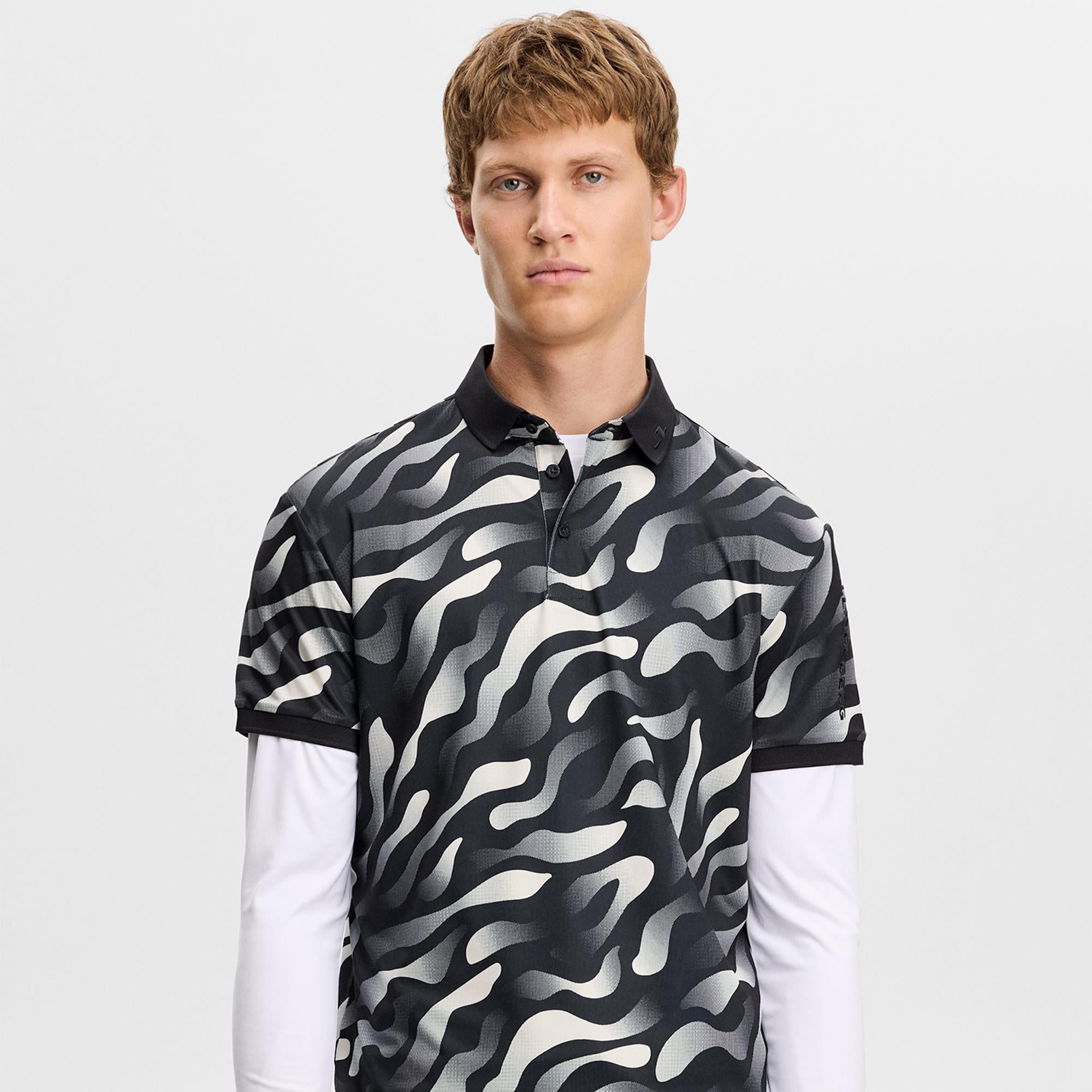 J Lindeberg Tour Tech Print Mens Golf Polo Shirt Bunker Fade Black Moonbeam