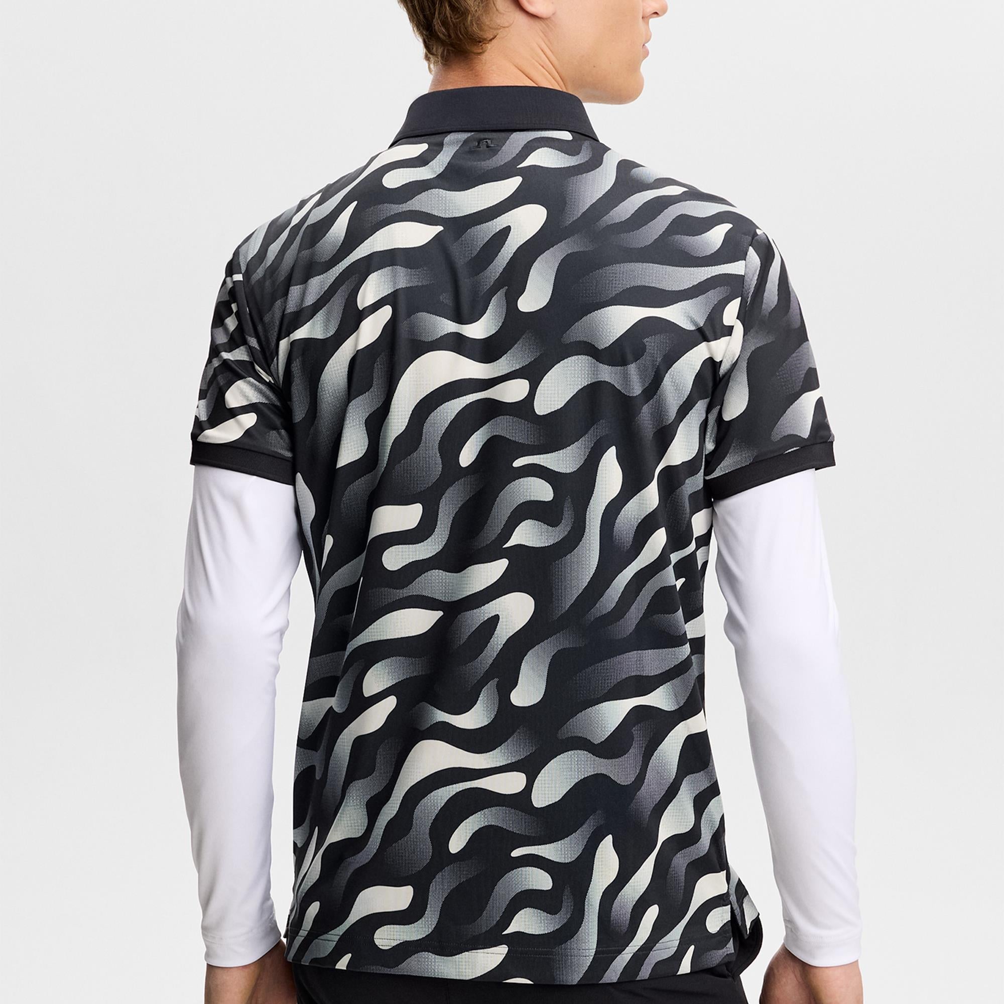 J Lindeberg Tour Tech Print Mens Golf Polo Shirt Bunker Fade Black Moonbeam