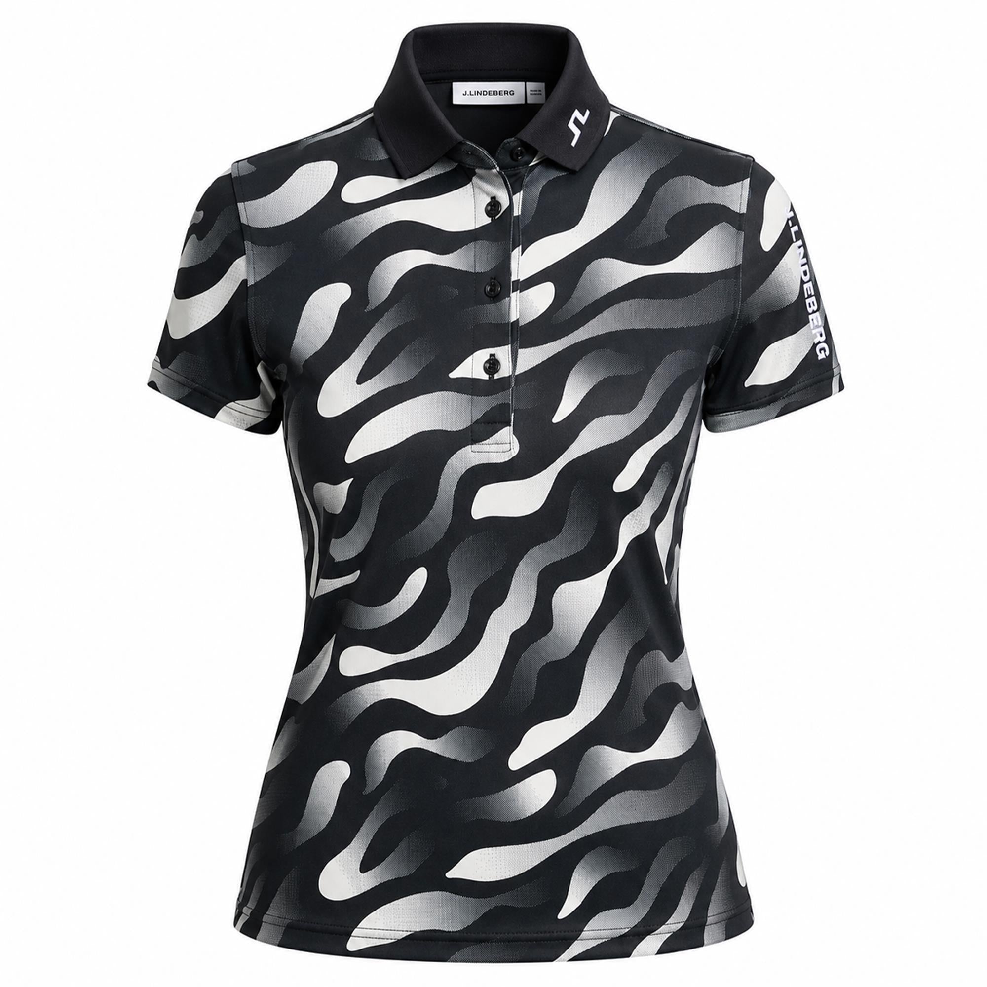 J Lindeberg Tour Tech Print Ladies Golf Polo Shirt Bunker Fade Black Moonbeam