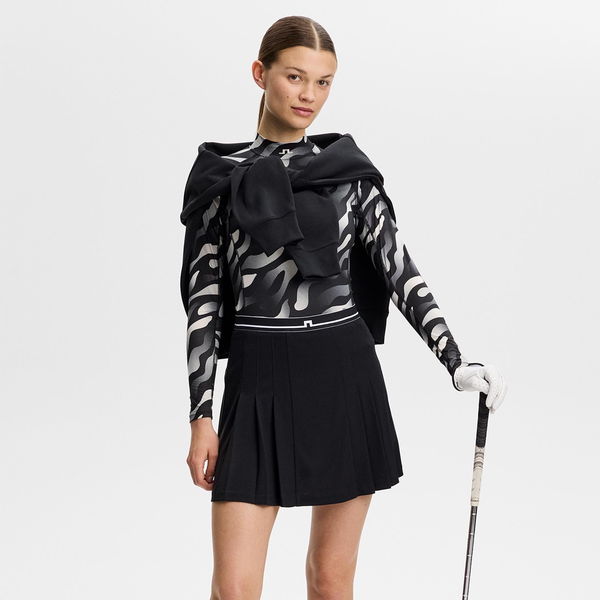 J Lindeberg Ella Print Ladies Compression Golf Top Bunker Fade Black Moonbeam