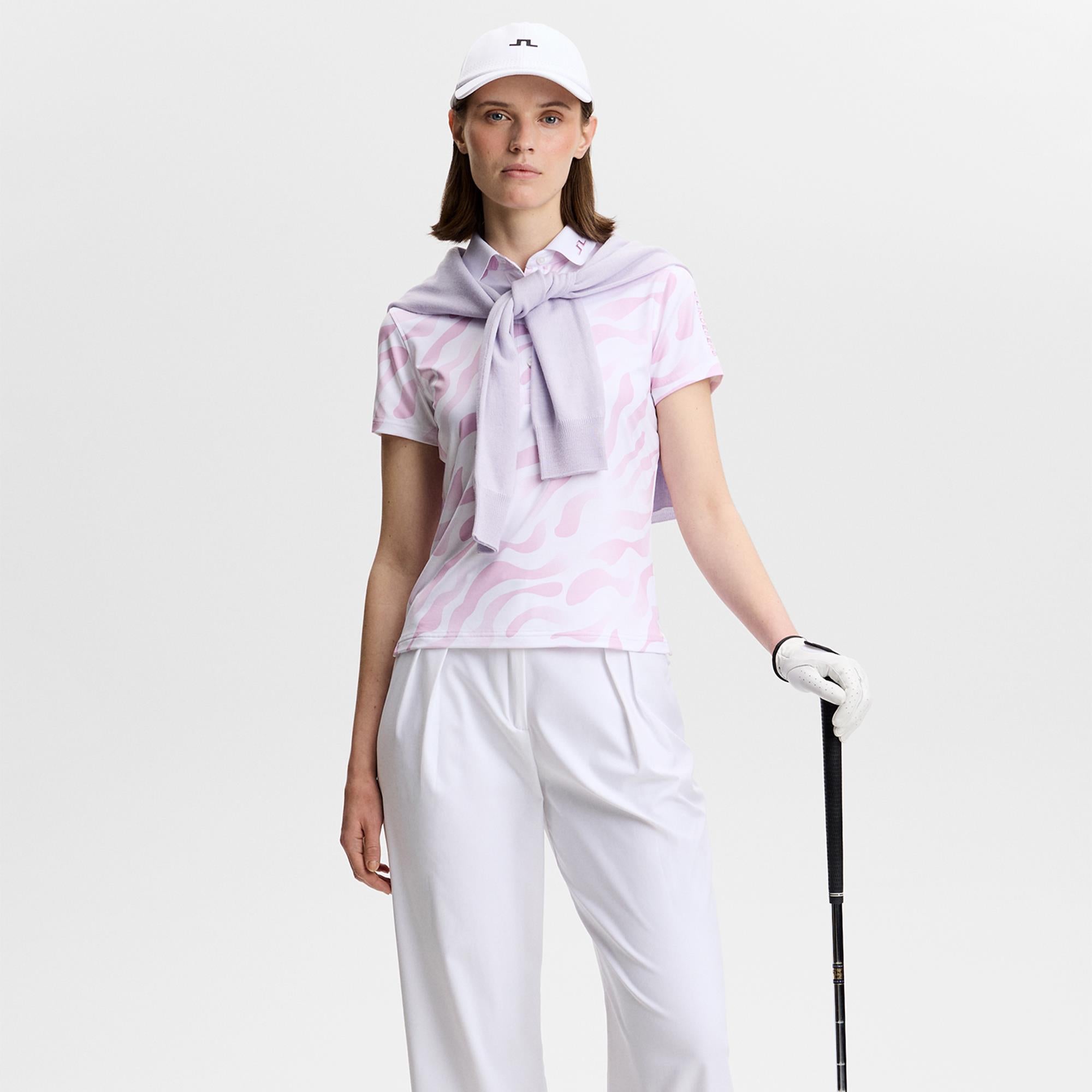 J Lindeberg Tour Tech Print Ladies Golf Polo Shirt Bunker Fade White Orchid