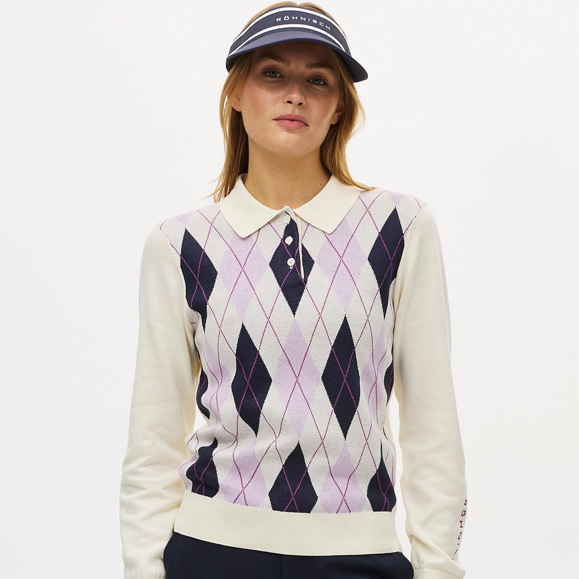 Rohnisch Heritage Knitted Ladies Golf Polo Shirt Orchid Argyle