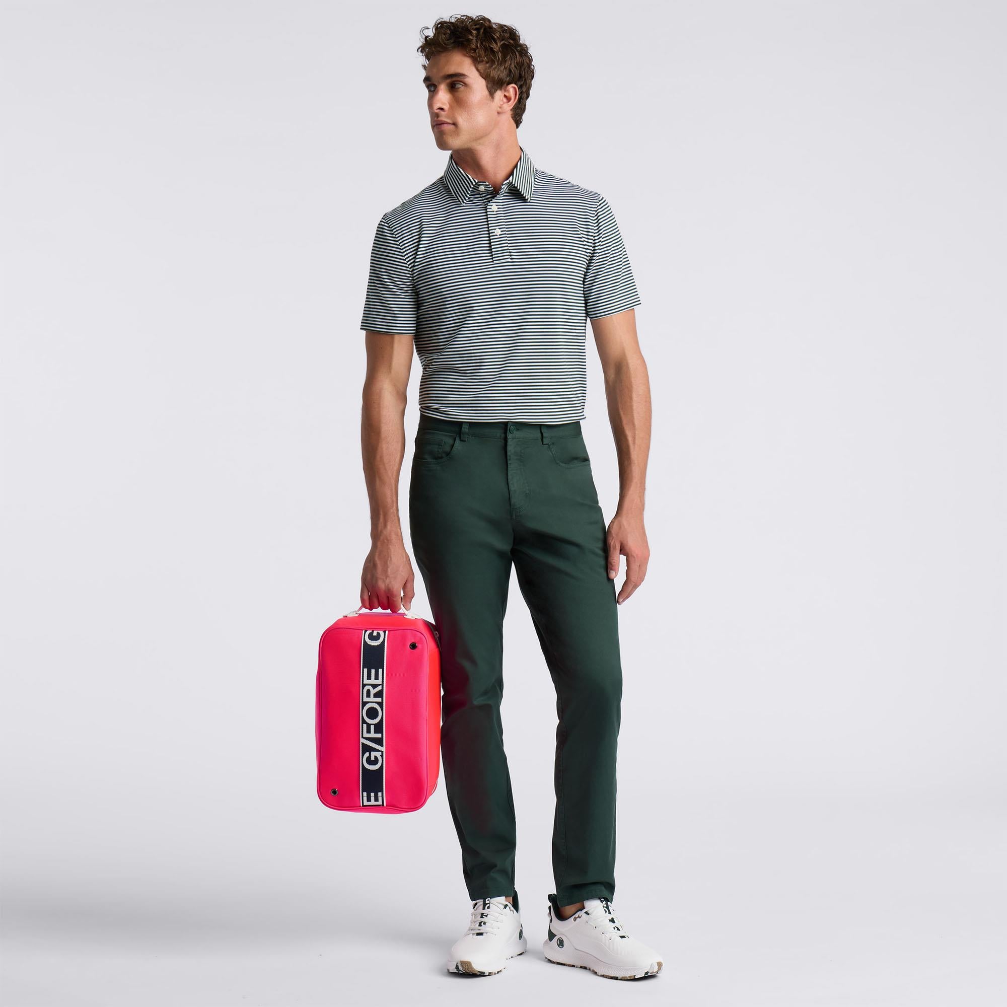 G/FORE All Play Stripe Stretch Knit Mens Golf Polo Shirt Pine