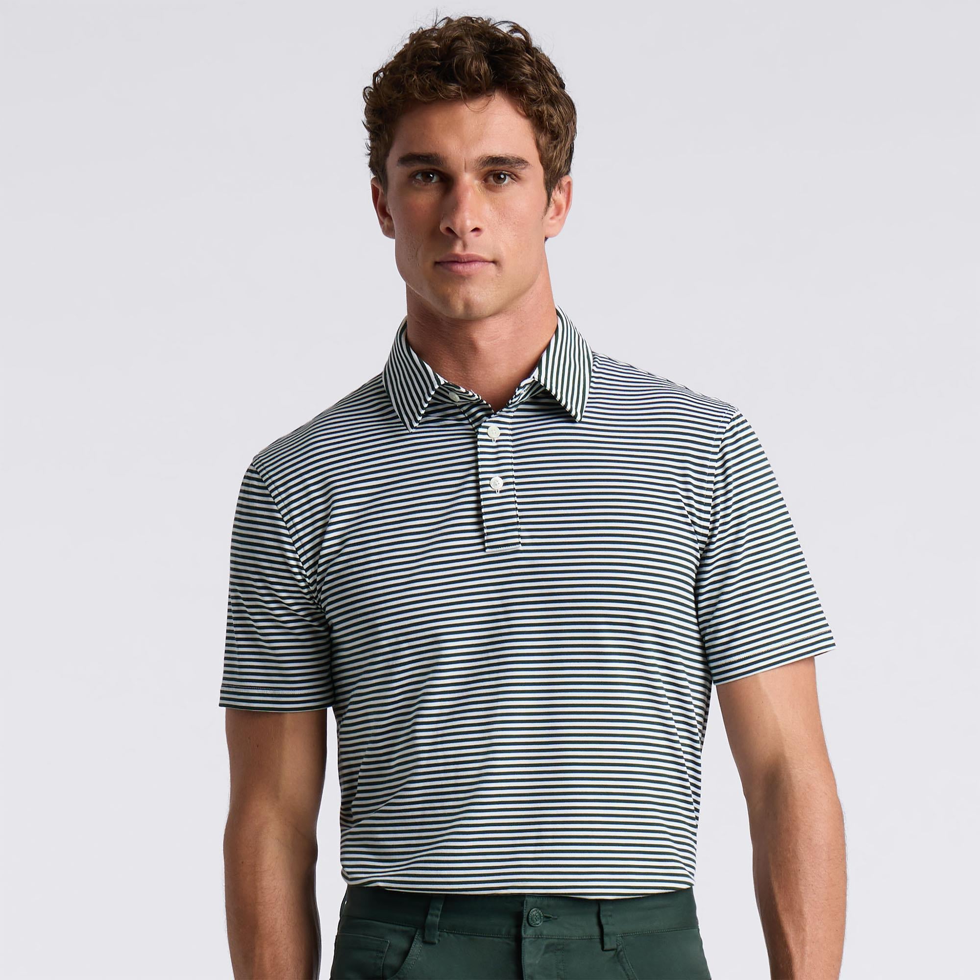 G/FORE All Play Stripe Stretch Knit Mens Golf Polo Shirt Pine