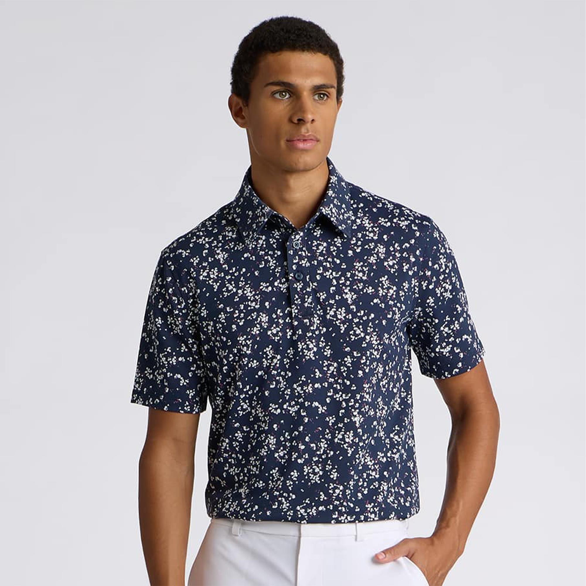 G/FORE Wildflower Tech Jersey Mens Golf Polo Shirt Twilight Snow