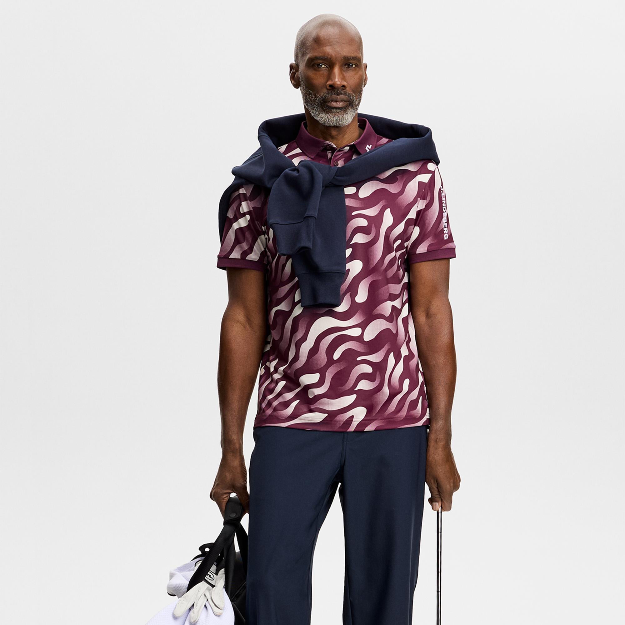 J Lindeberg Tour Tech Print Mens Golf Polo Shirt Bunker Fade Winetasting Moonbeam