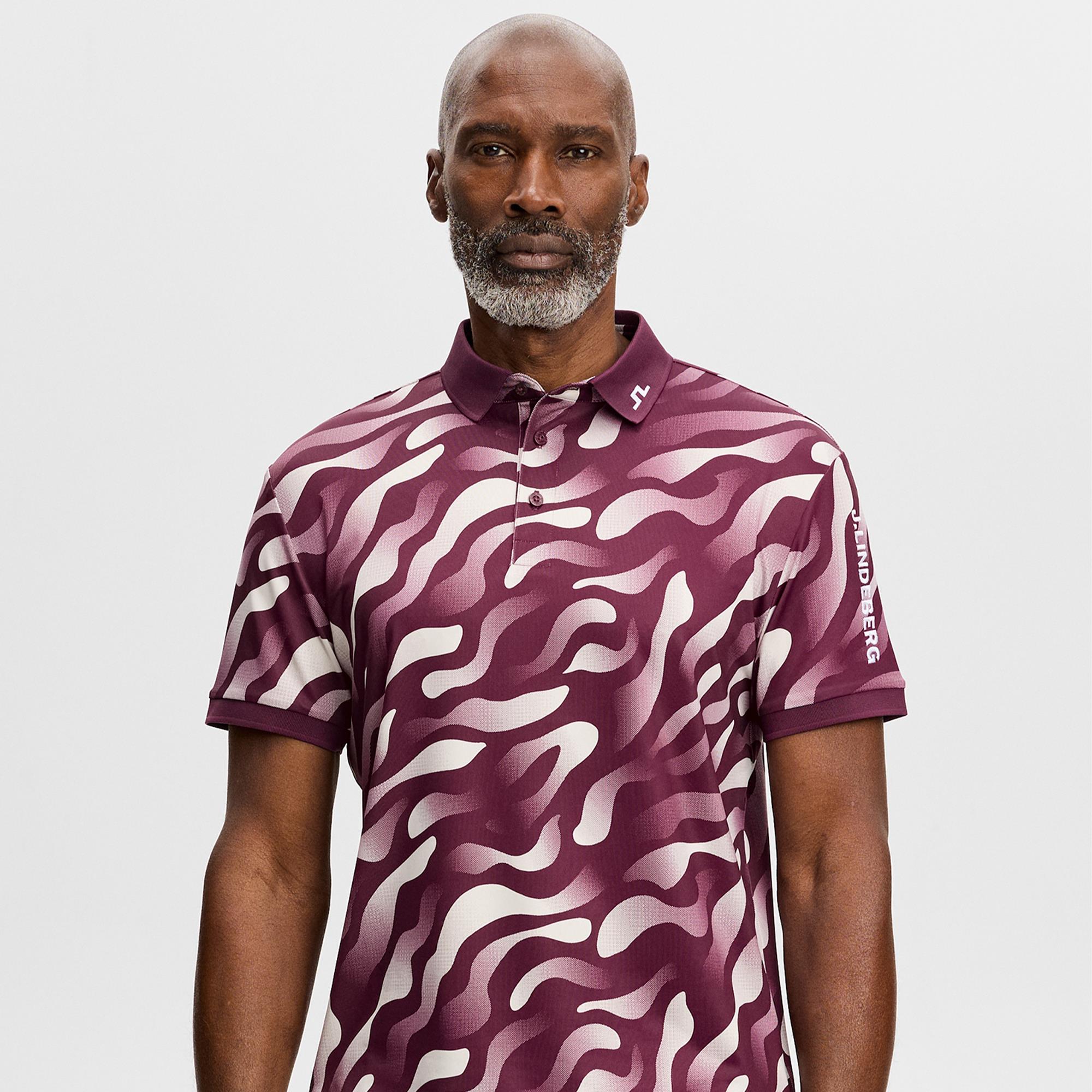 J Lindeberg Tour Tech Print Mens Golf Polo Shirt Bunker Fade Winetasting Moonbeam
