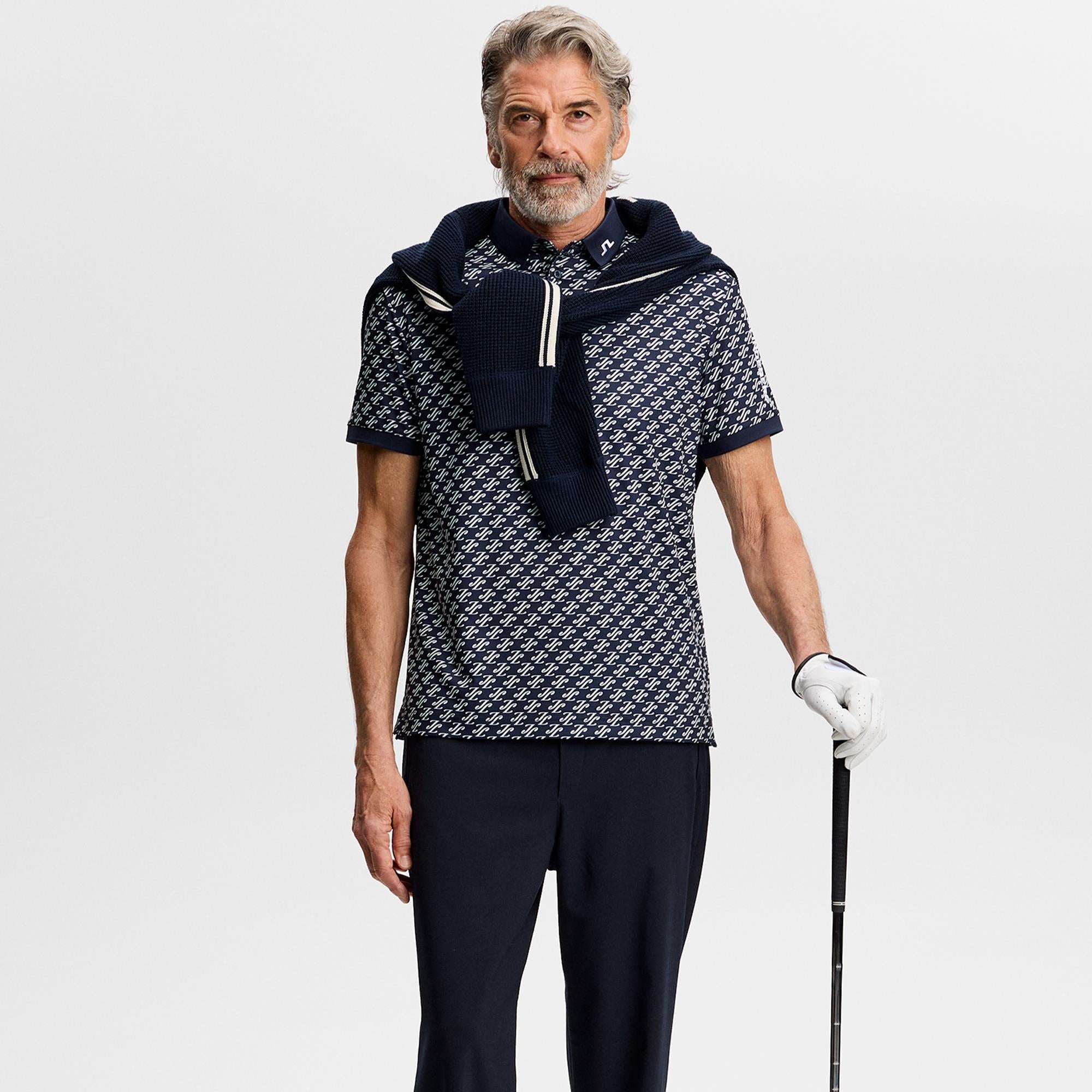 J Lindeberg Tour Tech Print Mens Golf Polo Shirt Cardi Jacquard Navy