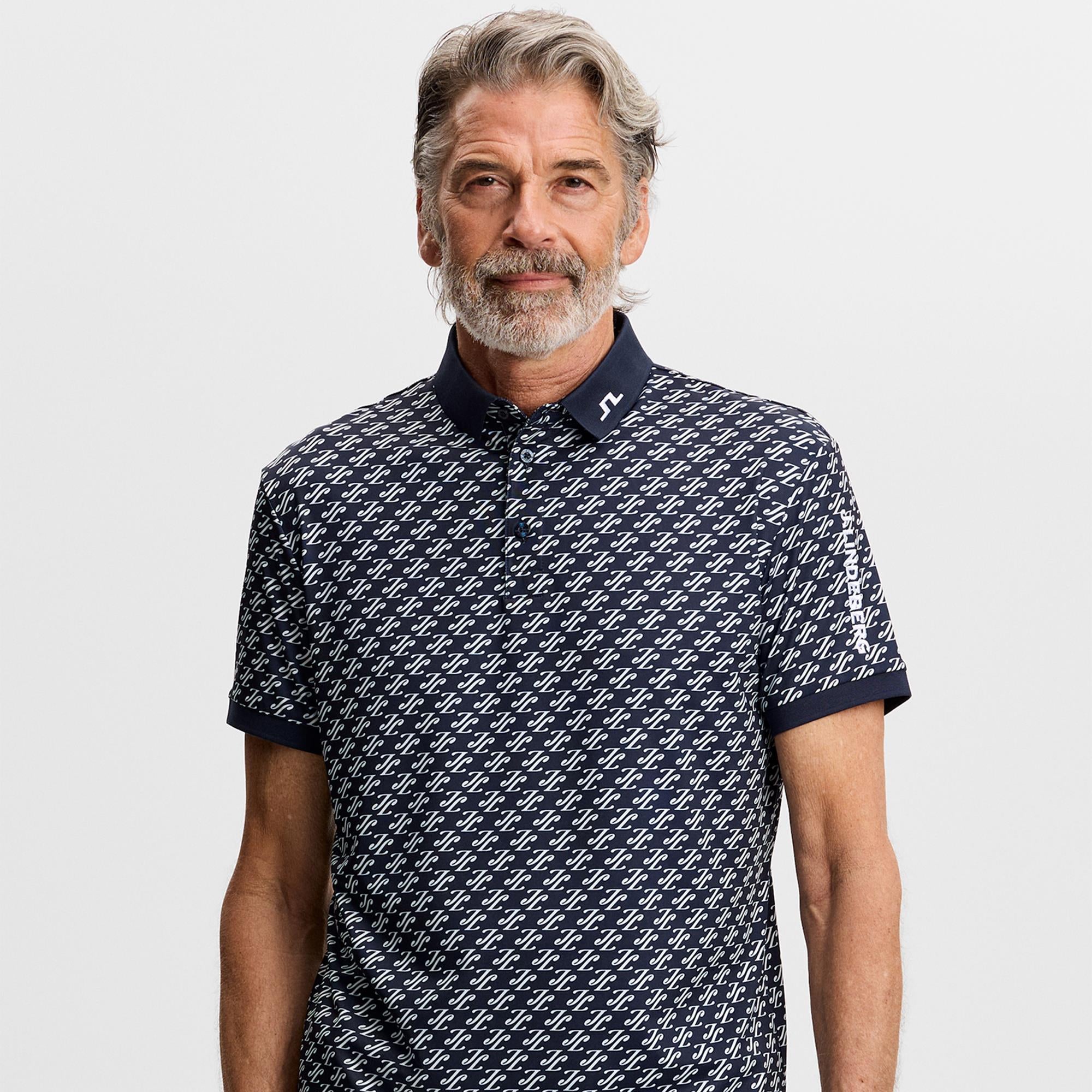 J Lindeberg Tour Tech Print Mens Golf Polo Shirt Cardi Jacquard Navy