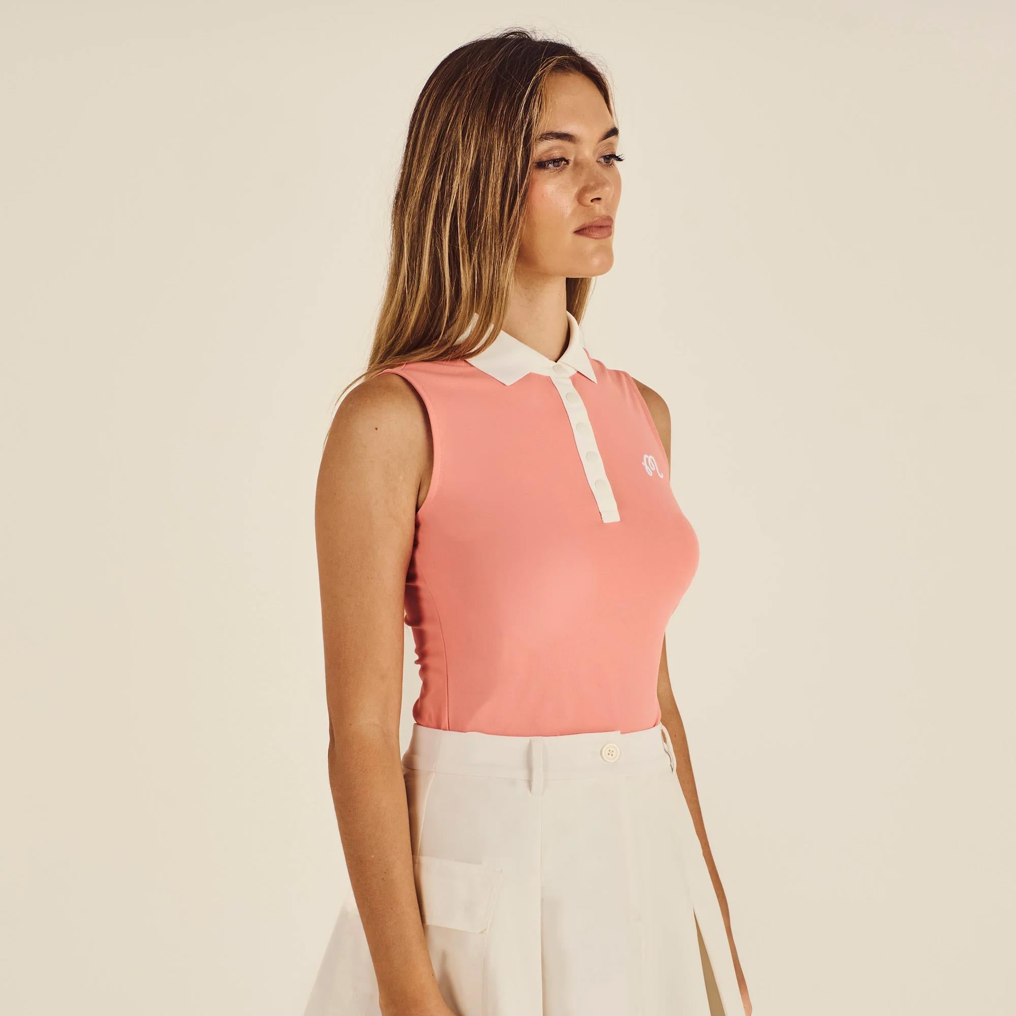 Malbon Golf Icons Claudia Ladies Sleeveless Golf Polo Shirt Coral Haze