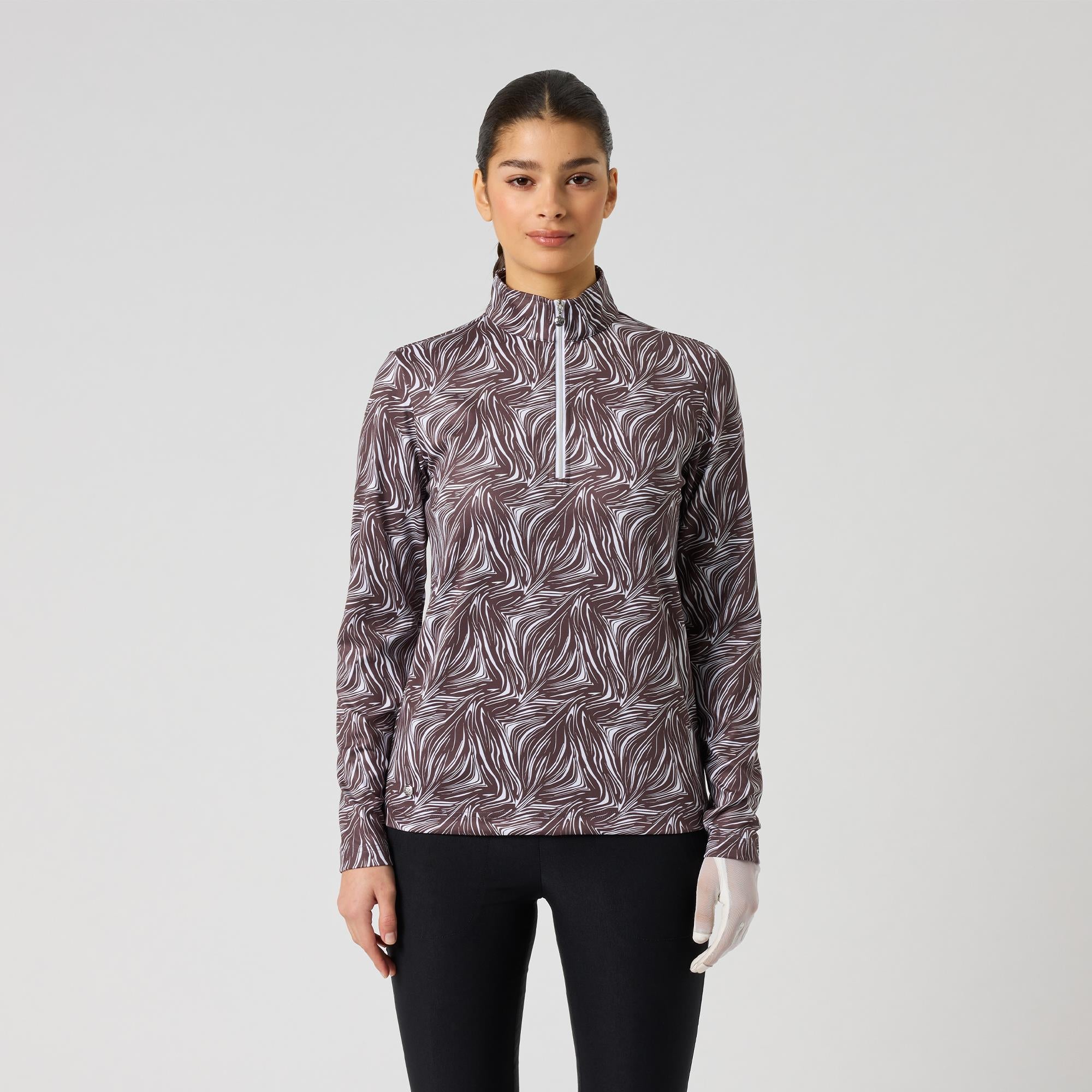Daily Sports Print Peached Zip Neck Ladies Long Sleeve Golf Polo Shirt Zebra