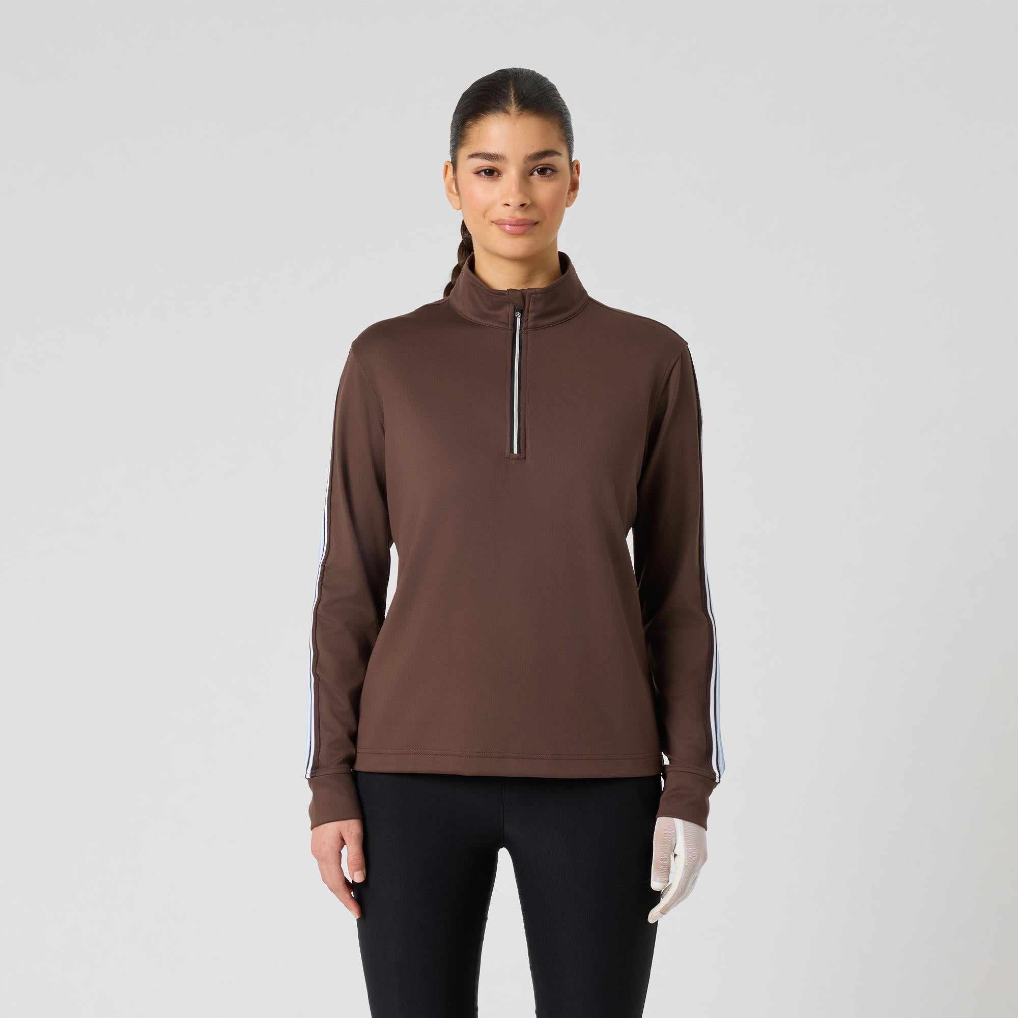 Daily Sports Peached Zip Neck Ladies Long Sleeve Golf Polo Shirt Brownie