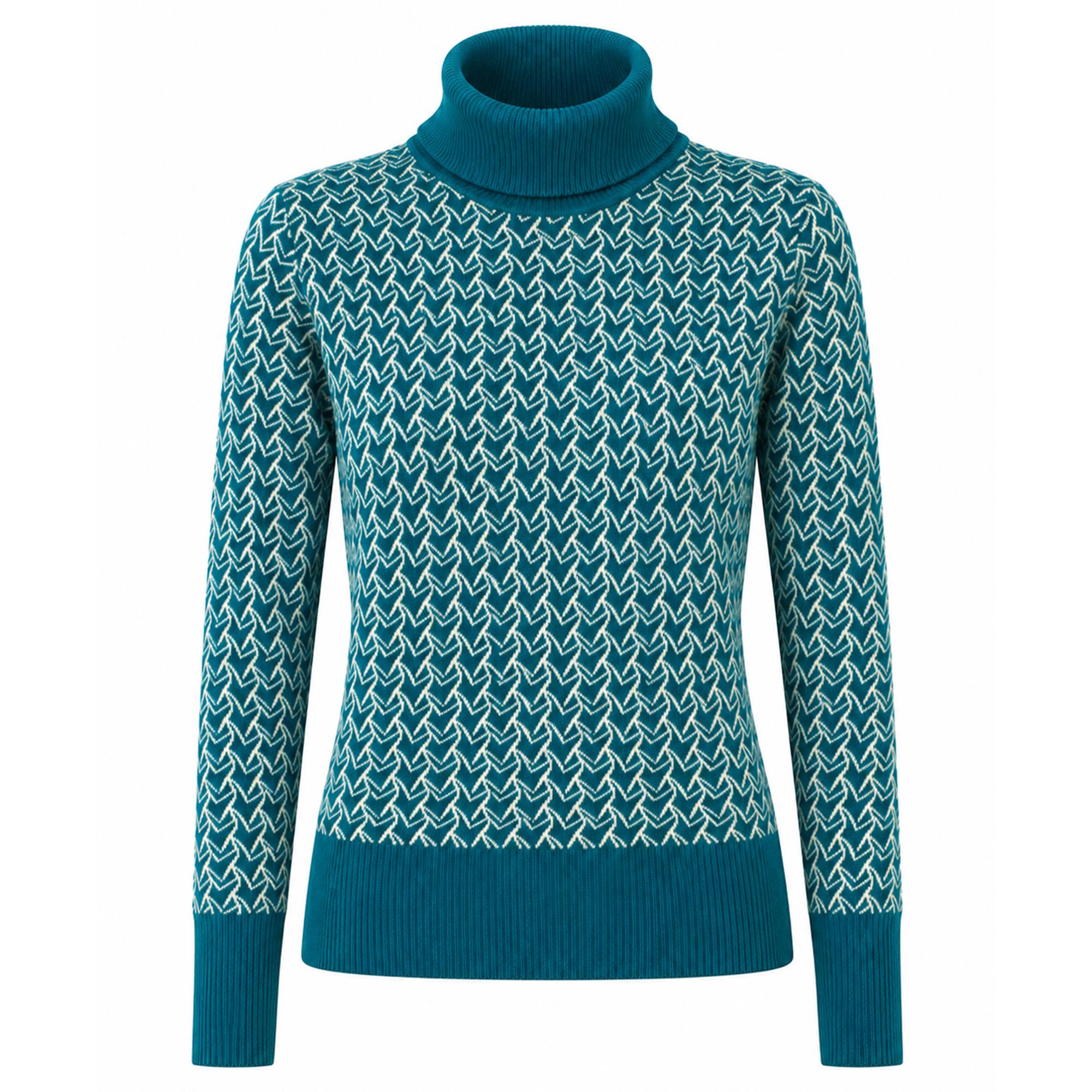 Swing Out Sister Donna Lined Pattern Knit Roll Ladies Golf Sweater Megabyte Teal