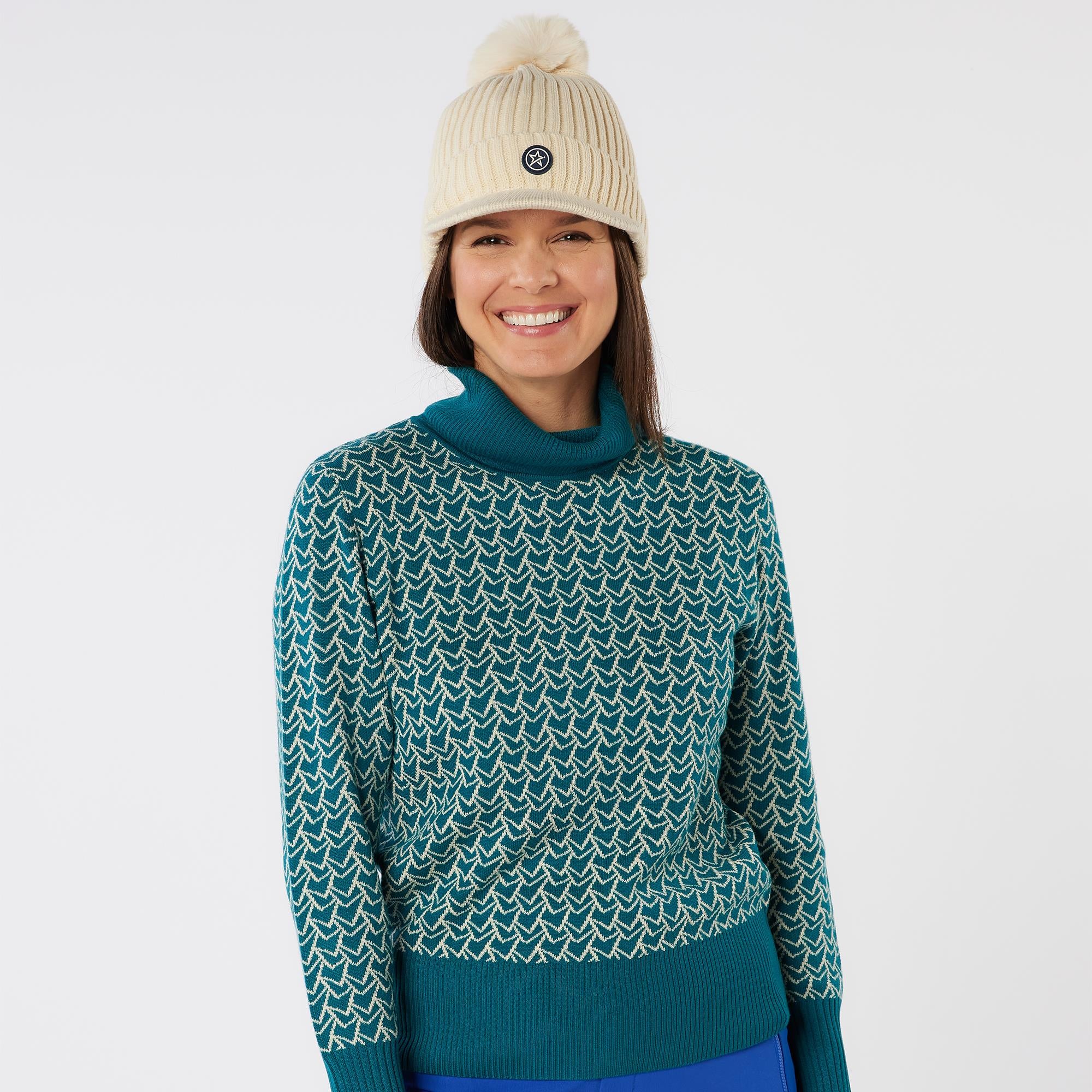Swing Out Sister Donna Lined Pattern Knit Roll Ladies Golf Sweater Megabyte Teal
