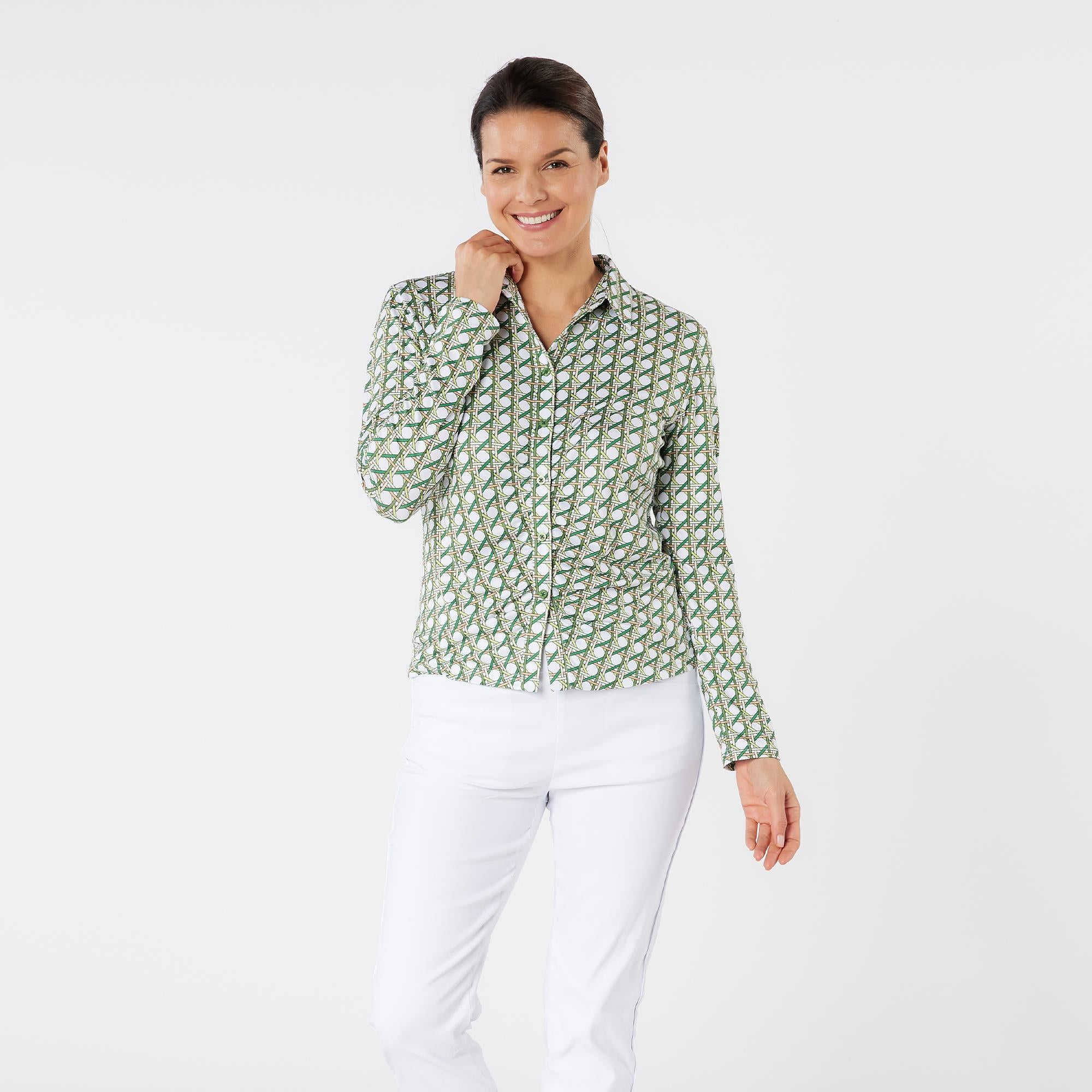 Swing Out Sister Grace Pattern Long Sleeve Ladies Golf Polo Shirt Noughty Green
