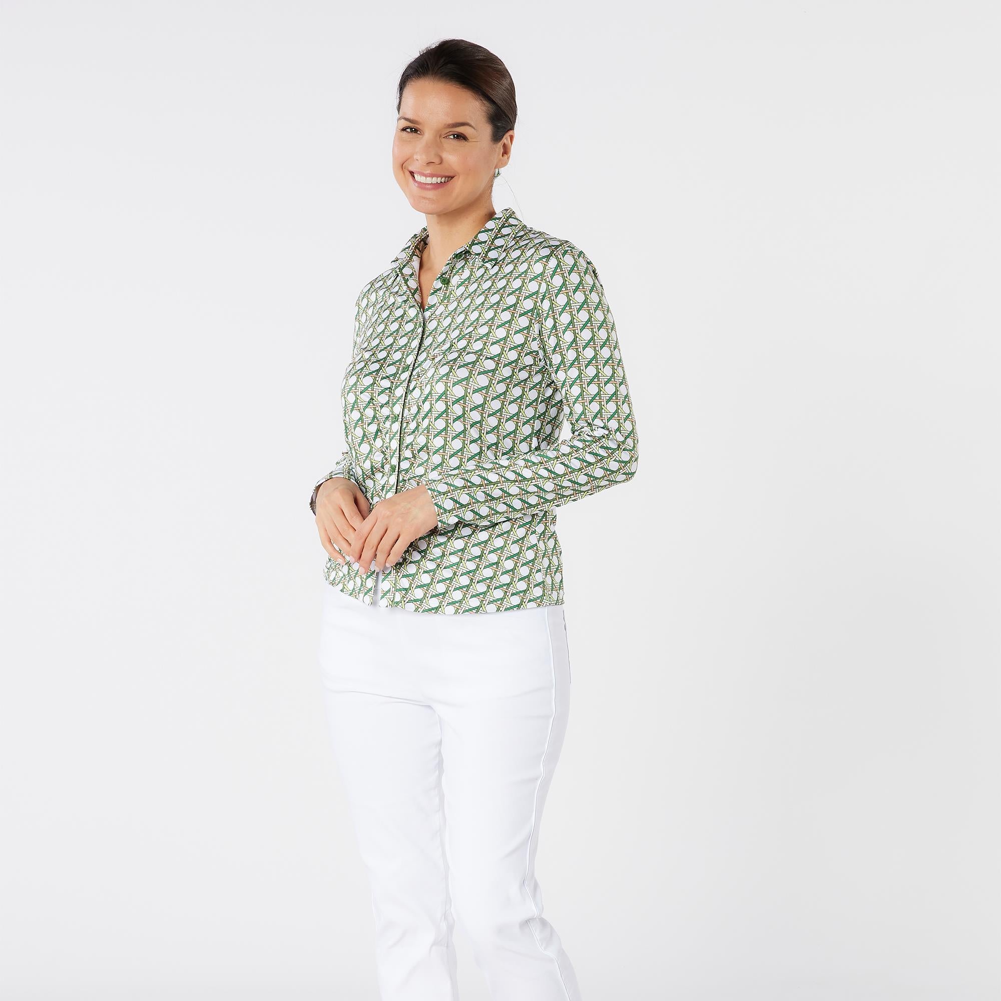 Swing Out Sister Grace Pattern Long Sleeve Ladies Golf Polo Shirt Noughty Green