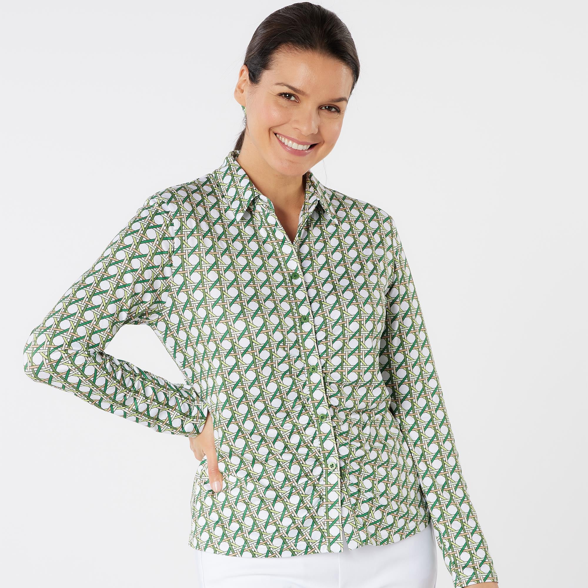 Swing Out Sister Grace Pattern Long Sleeve Ladies Golf Polo Shirt Noughty Green